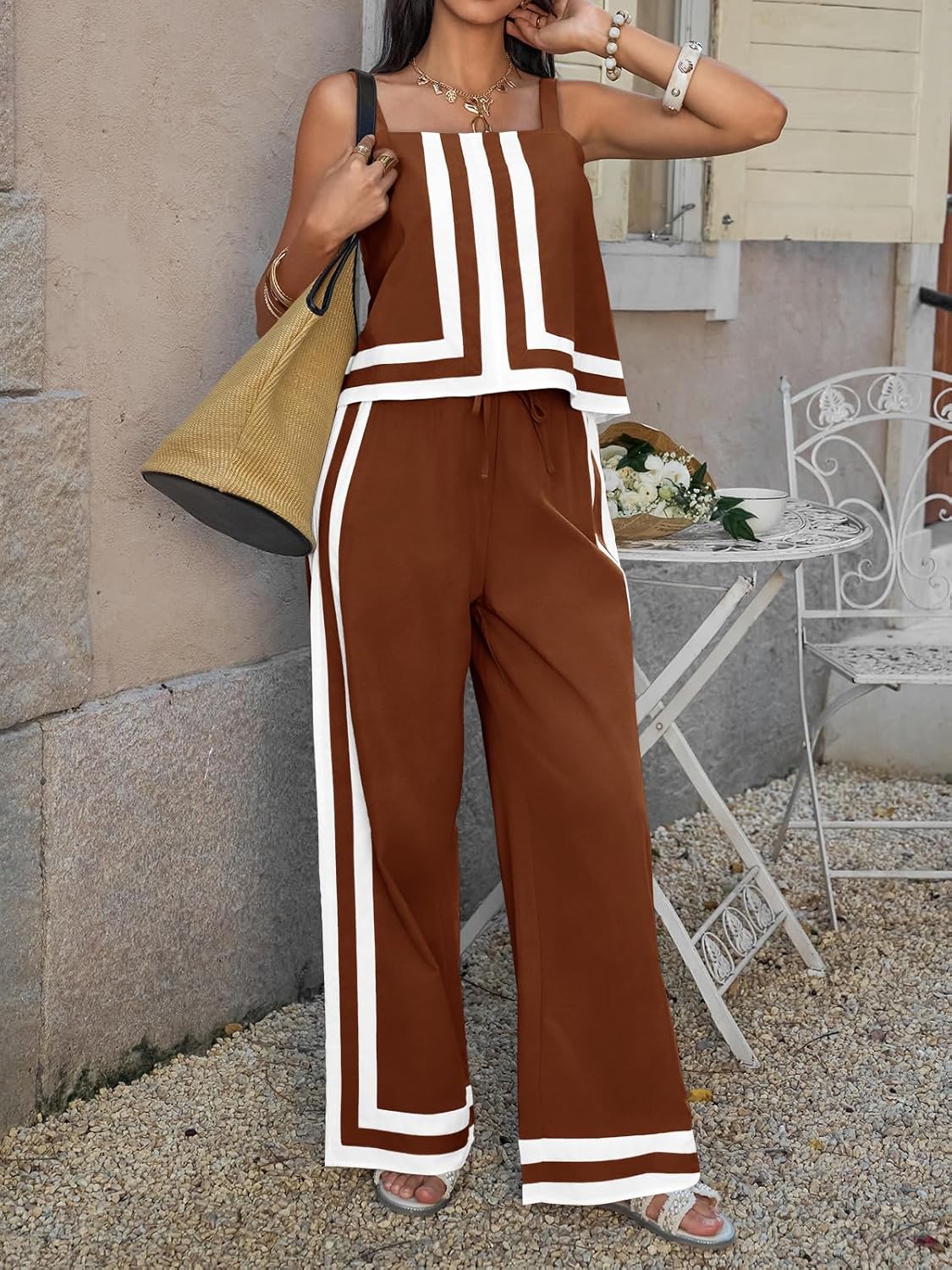 Tankaneo Womens 2 Piece Lounge Set Summer Casual Color Block Cami Top Wide Leg Pants Set Beach Vacation Outfits - Image 5