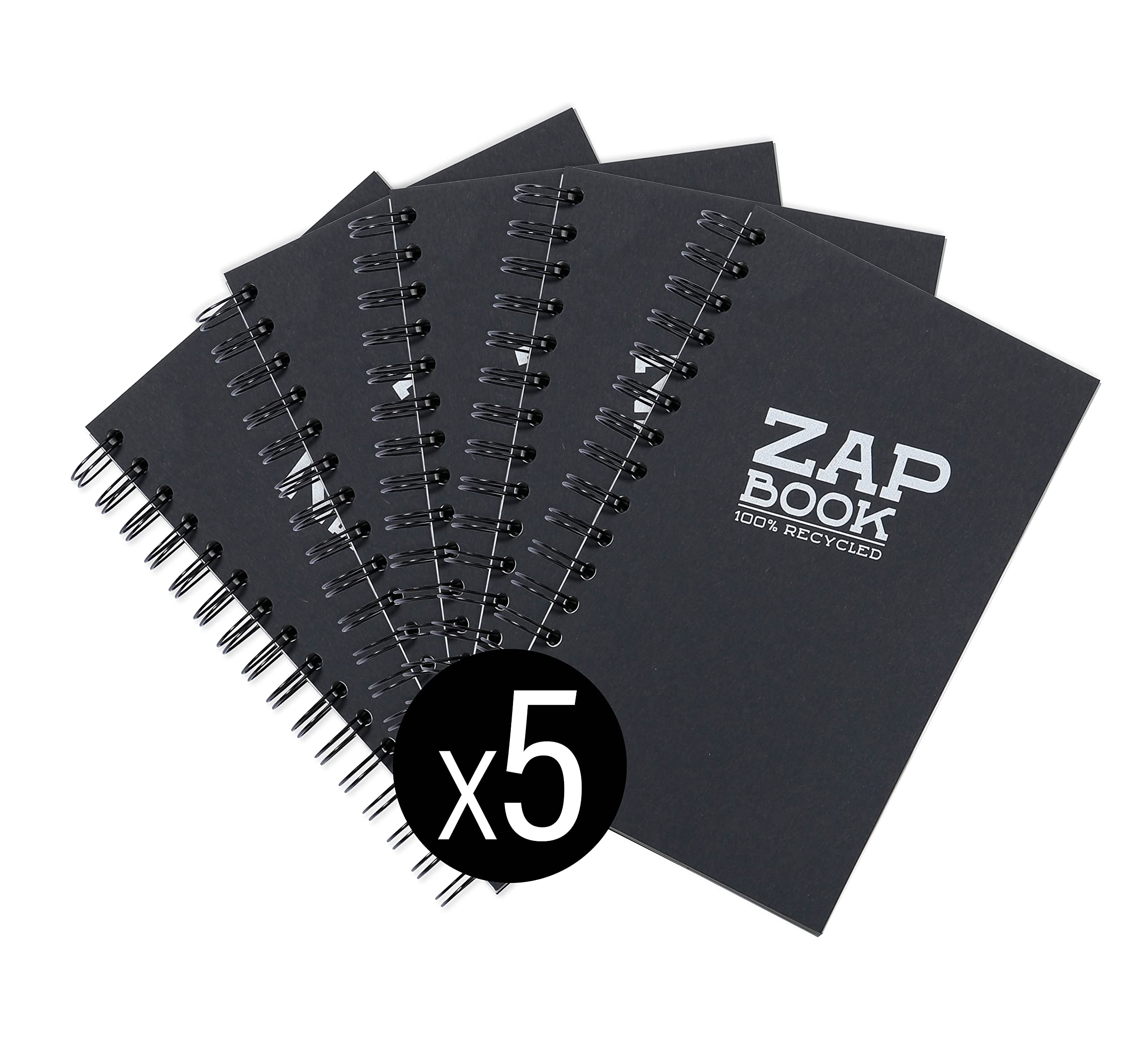 Clairefontaine 8362Cpack - Carnet Spiralé Zap Book - 160 Feuilles Papier Croquis 100% Recyclé - A5 14,8x21 cm 80g - Couverture Noire - Paquet de 5 Carnets, Noir