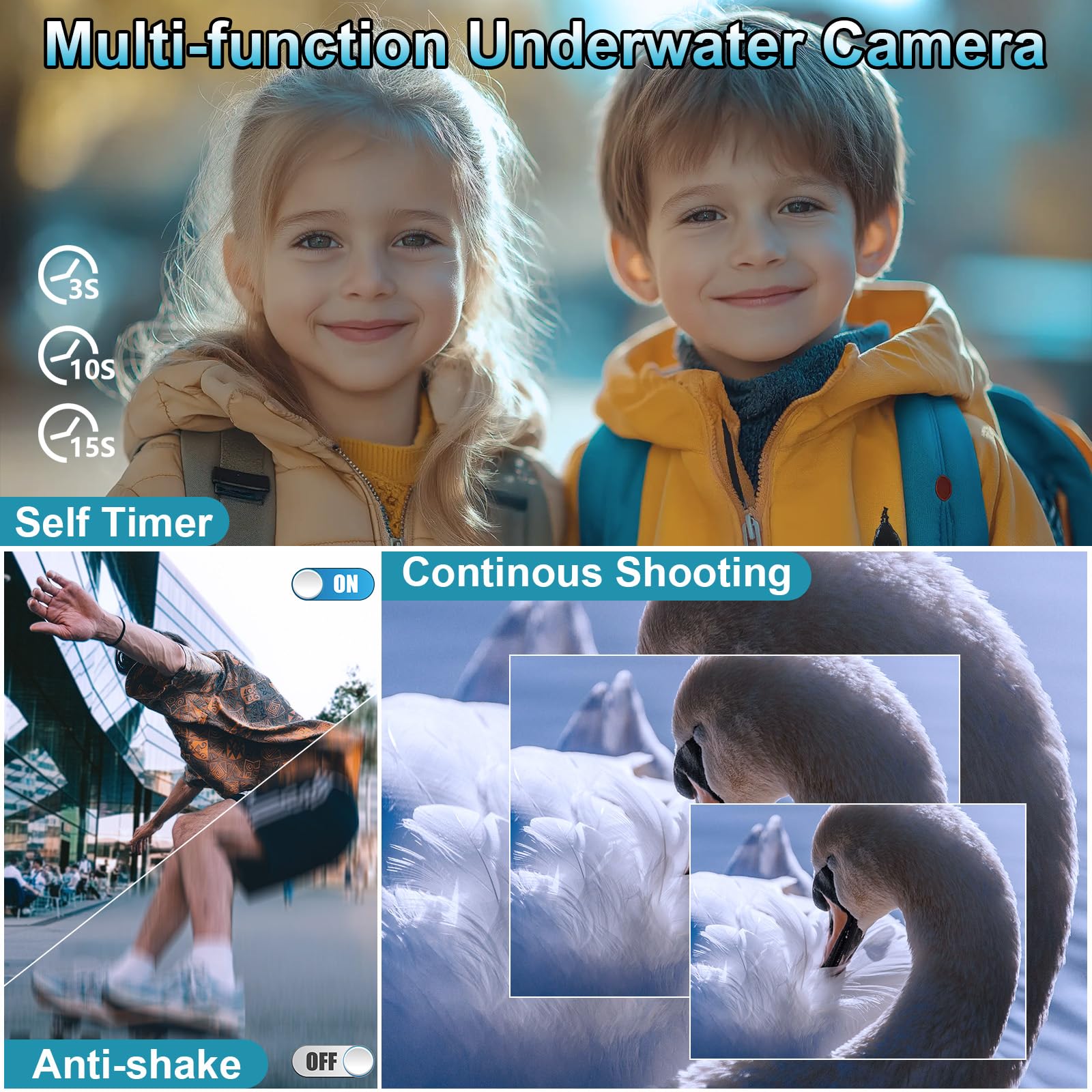Unterwasserkamera 2.7K Digitalkamera wasserdichte 56MP Autofokus wasserdichte Kamera Fotokamera mit 32GB Karte