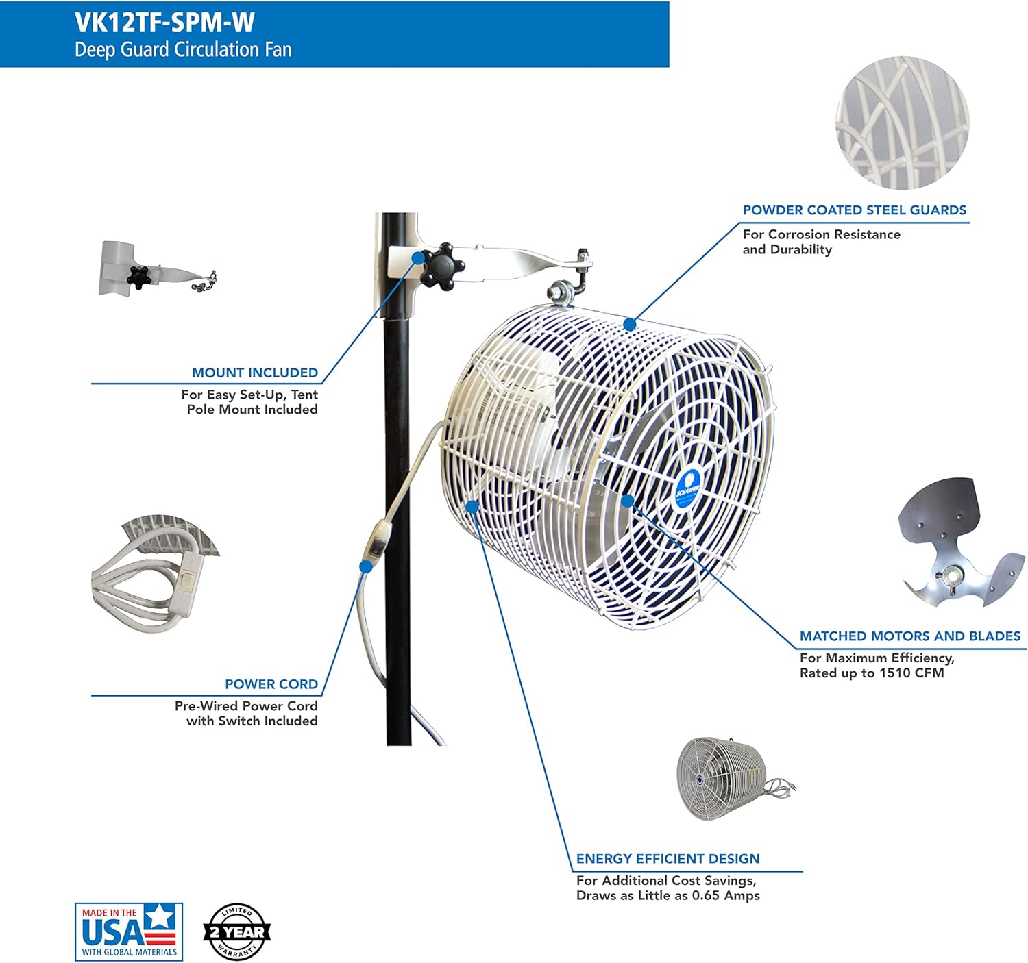 Weekly Top Sale Schaefer VK12TF-SPM-W Versa-Kool 12 Tent Fan, Made in USA, 1/10 HP, 1510CFM, Pole Mount Included, White