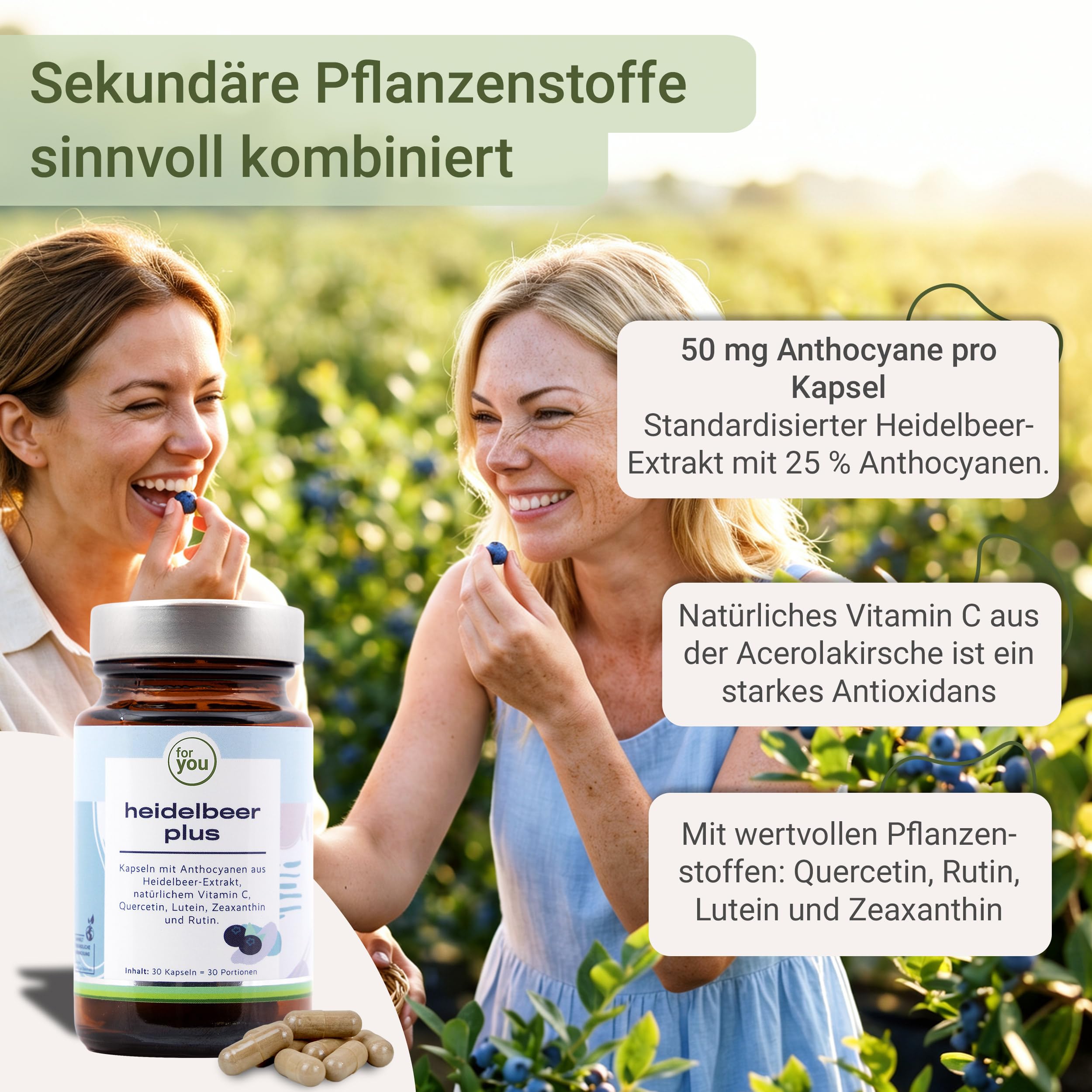 for you heidelbeer plus Doppelpack 30 Kapseln | mit sekundären Pflanzenstoffen, Anthocyanen, aus Heidelbeerextrakt und Quercetin | 50mg Anthocyane pro Kapsel