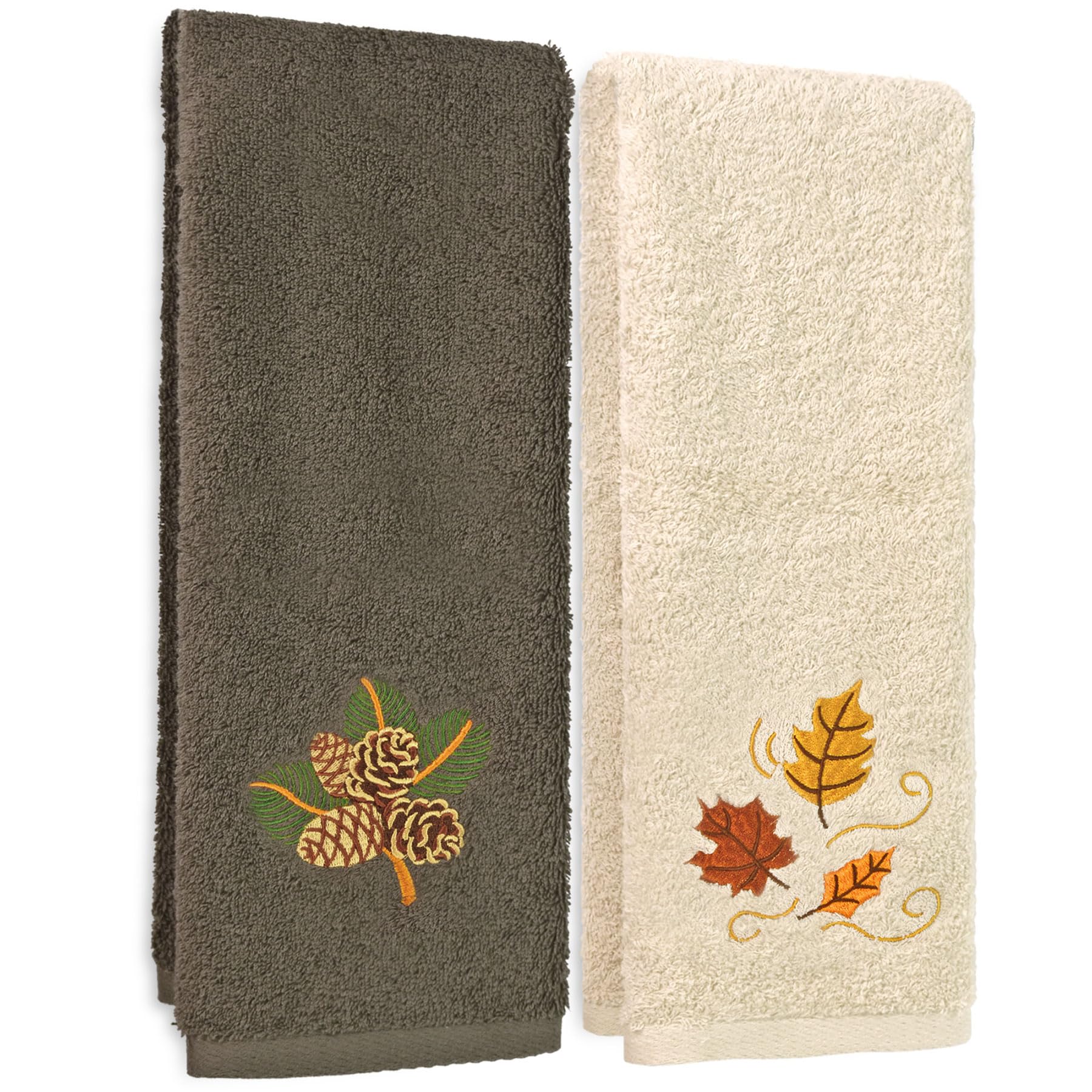 Jacquotha Fall Hand Towels for Bathroom - Embroidered Cotton Towels for Cozy Autumn Decor, Set of 2 (Leaves & Pinecone) 13” x 29”