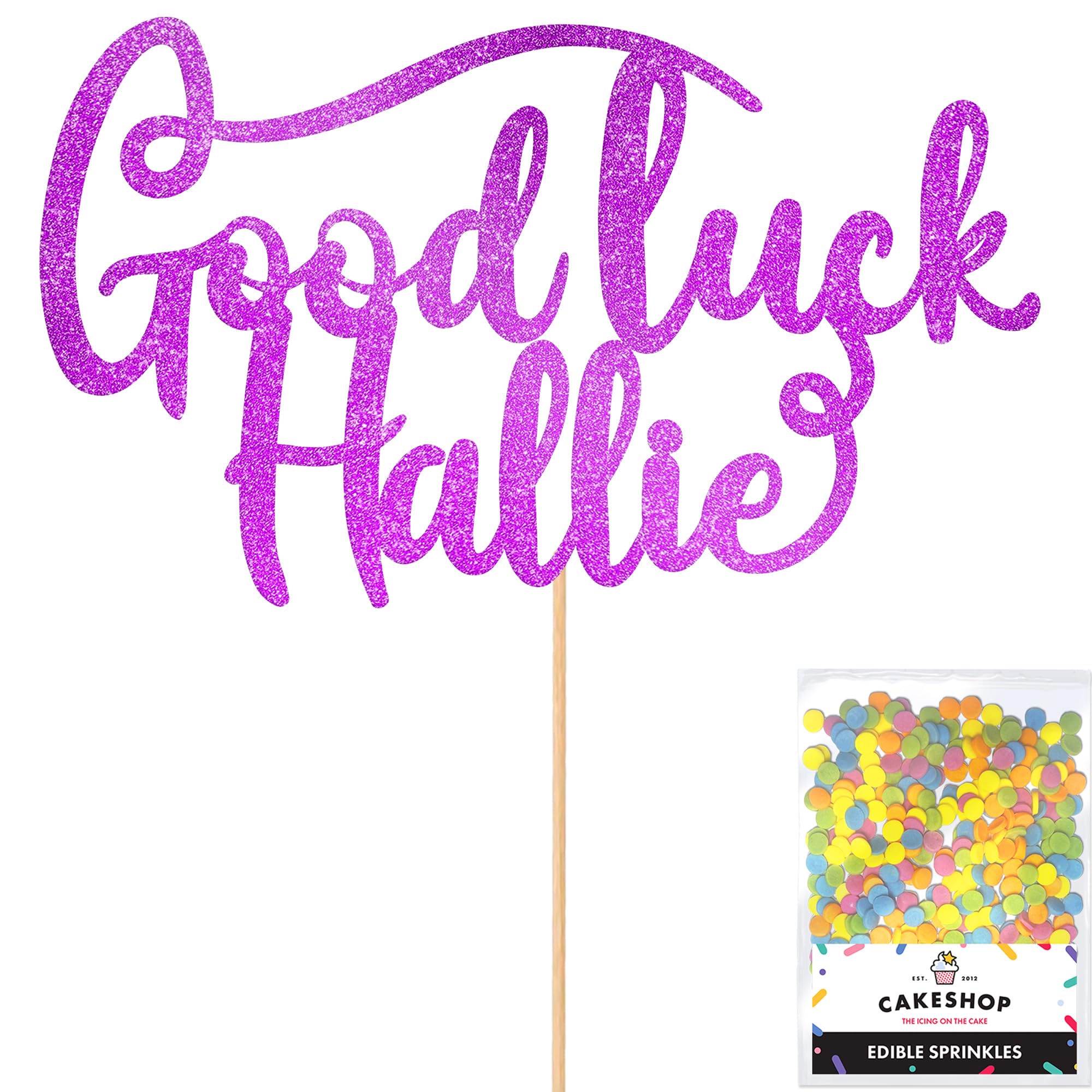 Cakeshop Personalised Good Luck Glitter Cake Topper With Sprinkles - Purple Custom Colour - Any Name - Double-Sided Glitter Card Cake Decoration - Custom Toppers for Cakes — image 1