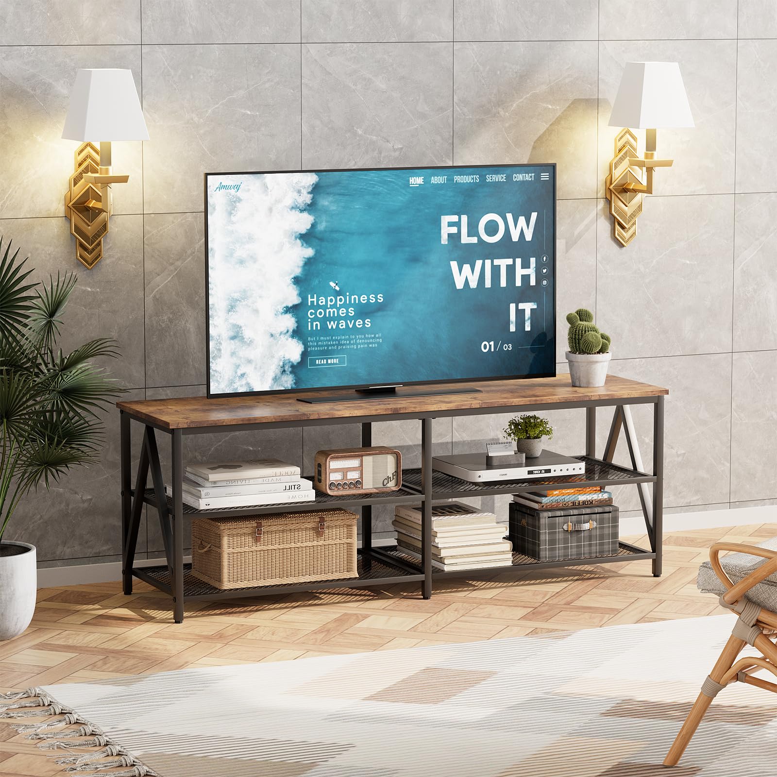 Garden 4 you Tv Tisch,Fernsehtisch,TV-Schrank,Lowboard Tv Schrank für Fernseher bis zu 65 Zoll, Fernsehschrank mit 3 offenen Fächern, TV-Regal Industrie Design, Stahlgestell, 140 x 40 x 50 cm,Braun