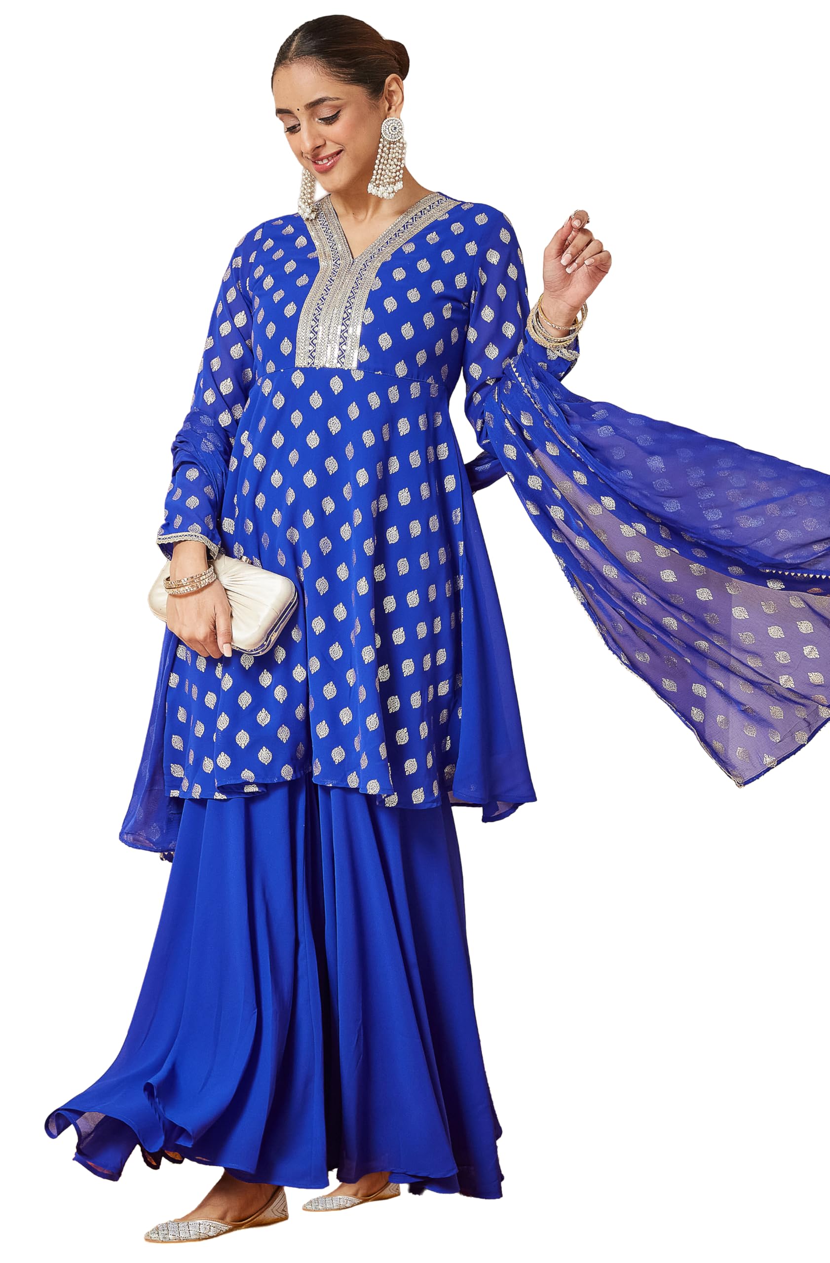 janasya Women's Royal Blue Georgette Embellished Gold Printed A-line Kurta with Sharara & Dupatta Set-picture-16