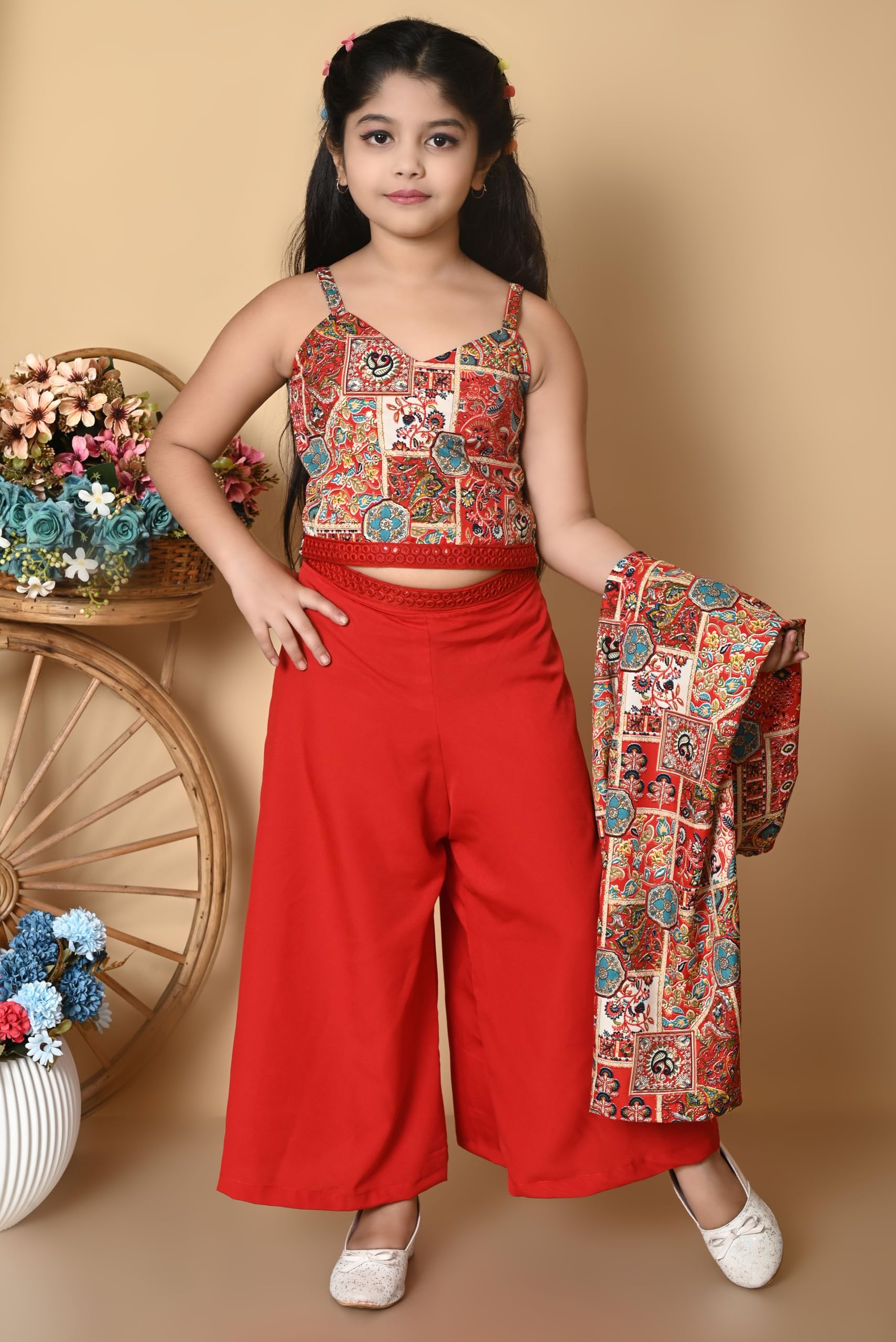 SPAMitude - Girls Self Designed Premium Cotton Blend Top Pant Jacket | 3pcs Party Dress for Girls I V Neck Stylish Sleeve Design Dress for Birthday Girl (Red, 10-11 Years) - Image 3 thumbnail