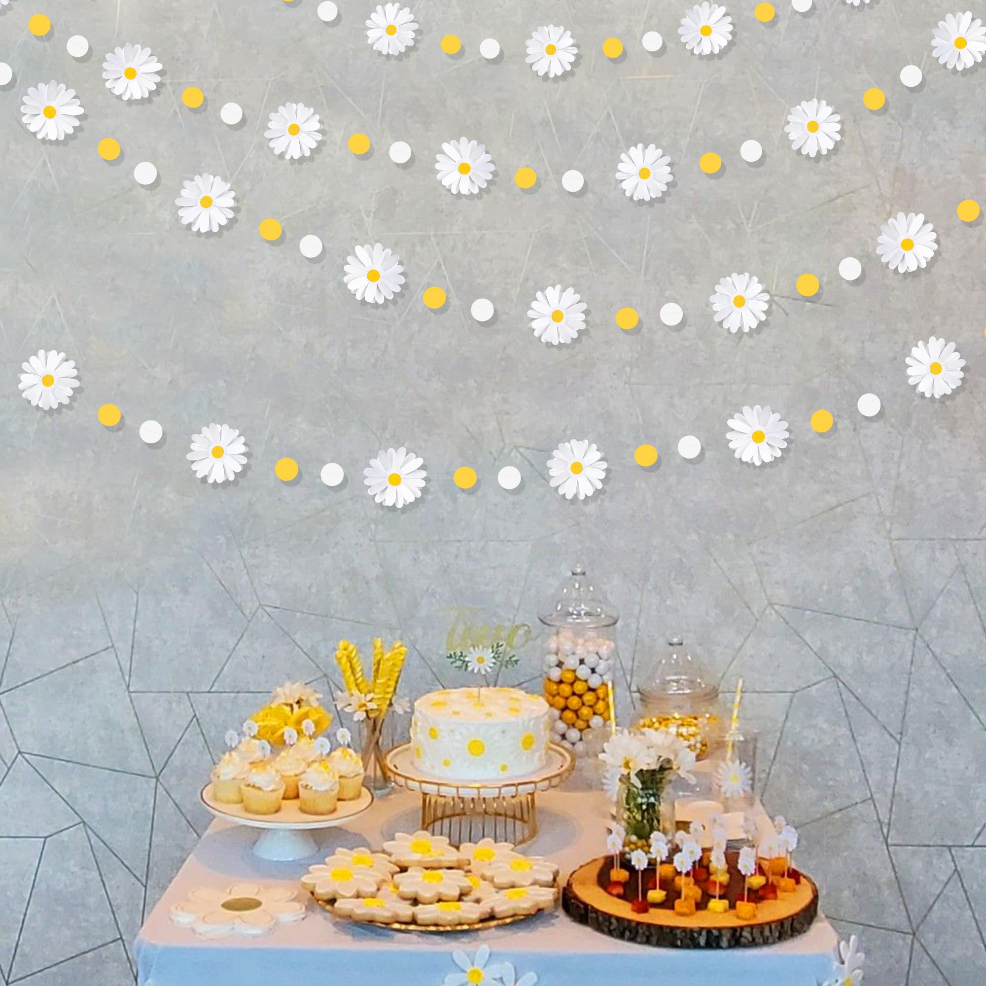 Gänseblümchen-Party-Dekorationen, gelb-weißes Gänseblümchen, gepunktet, Girlande, doppelseitig, Gänseblümchen, 3D-Blumen-Girlande, für Frühling, Sommer, Geburtstag, Hochzeit, Brautparty, Retro