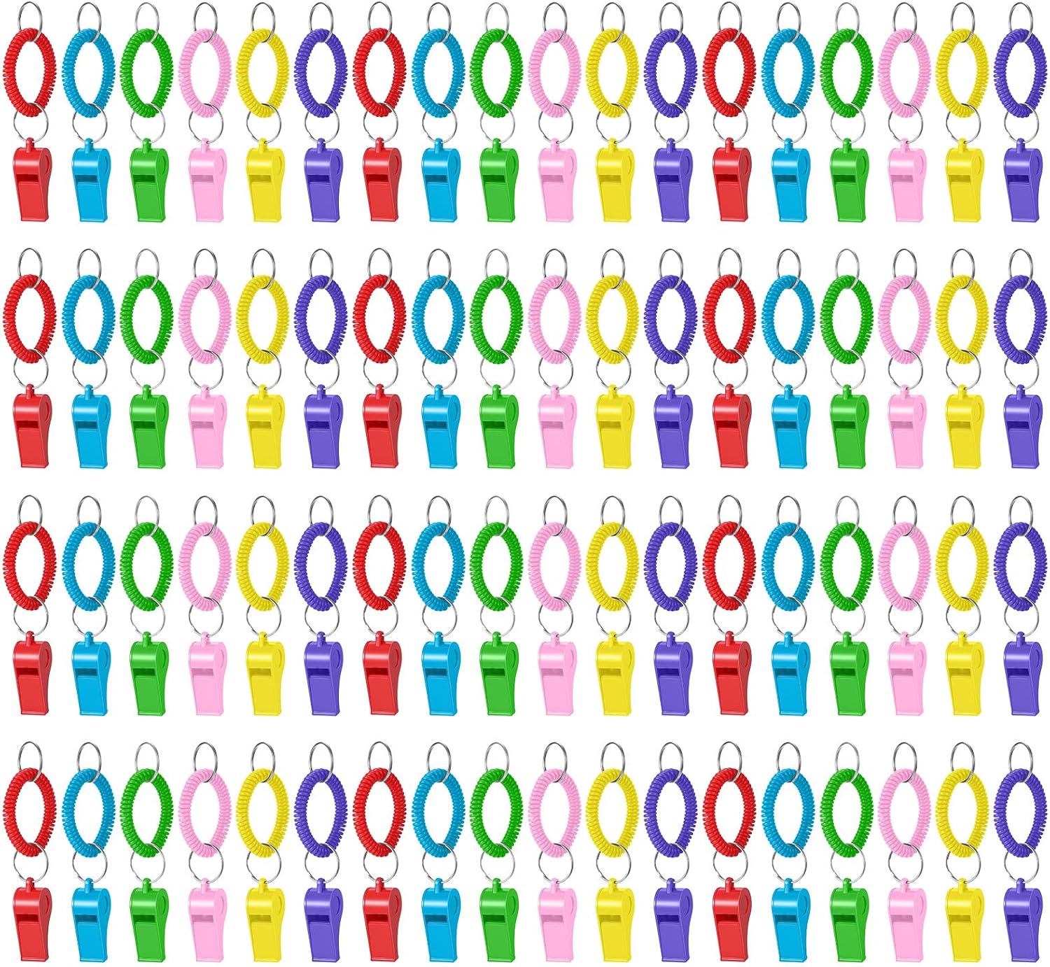 72 Pcs Sport Whistle with Bracelet, 6 Colors Loud Plastic Whistles with Stretchable Coil Wrist Keychain Ring for Coaches, Referees, Officials, Birthday Party Gift, Emergency Training