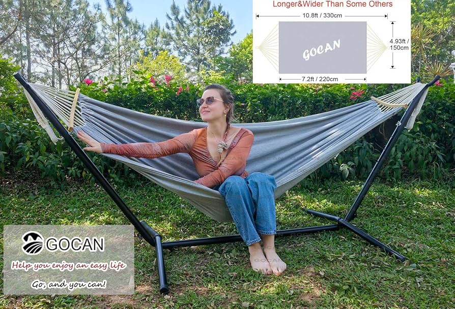 GOCAN Hammock For 2 People 220 X 150 Cm Total Length 330 Cm Load 300 Kg Canvas Cotton Hammock Outdoor For Garden Indoor Children Balcony Red With