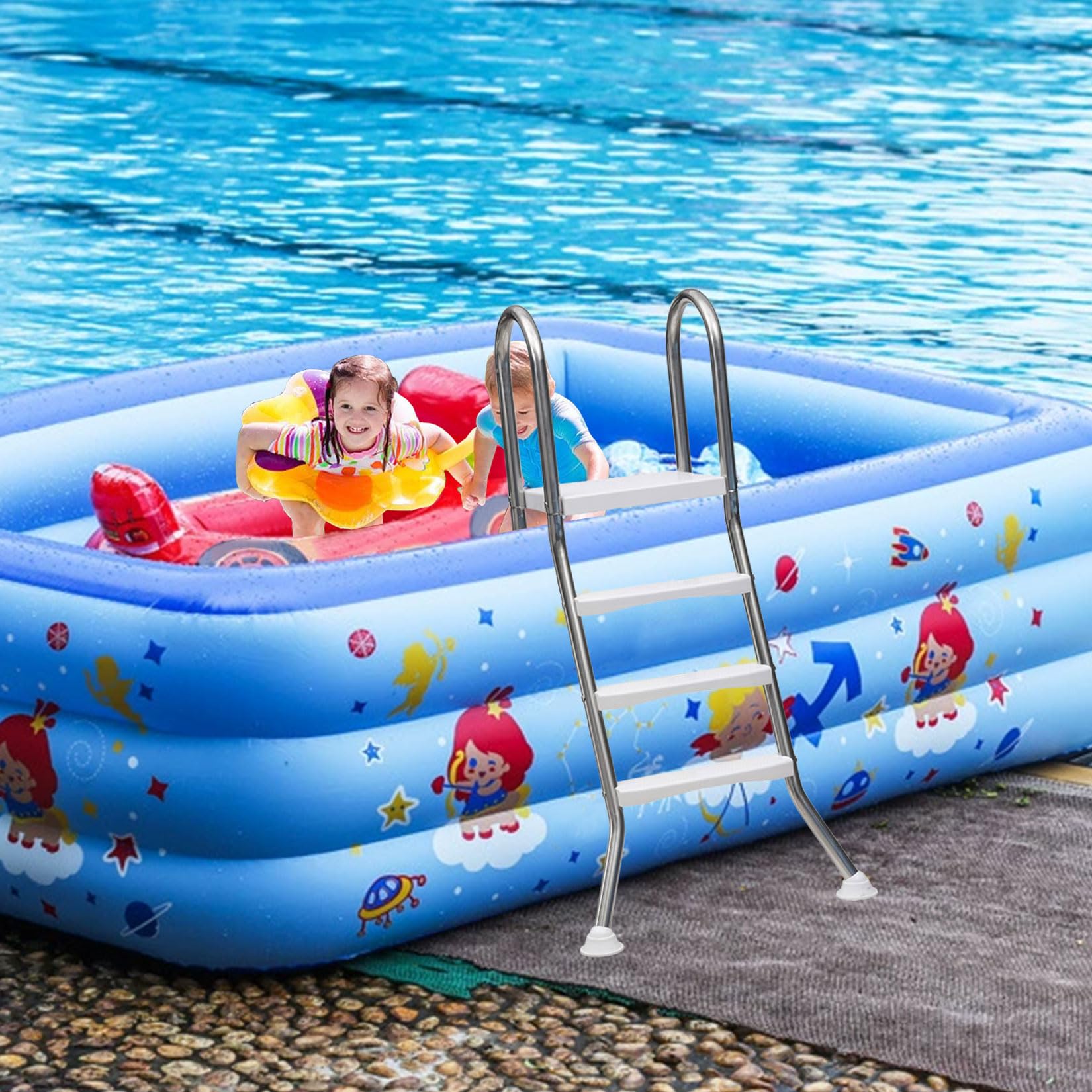 Escalera de Piscina de Doble Cara de 33/43/53/63" de Alto para Nadar sobre el Suelo Capacidad de Carga de 250 kg Marco de Acero Inoxidable 304 con escalones de Doble Cara de plástico,3 Step