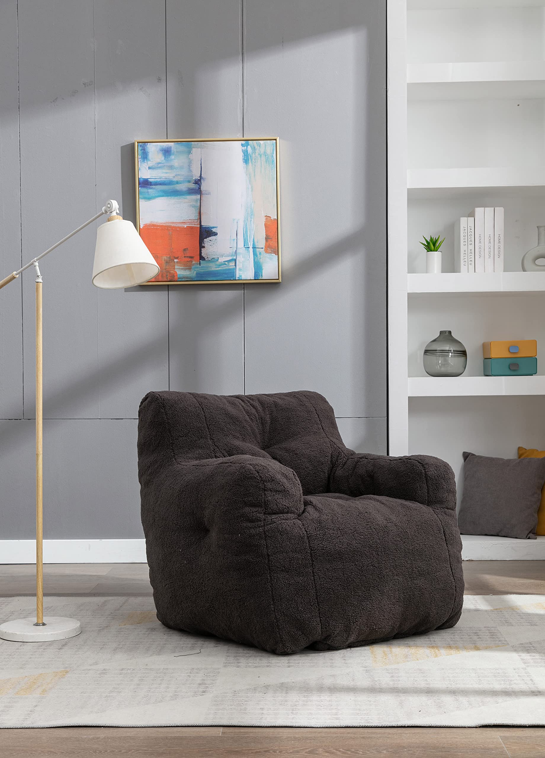 BEAUXI Soft Tufted Foam Bean Bag Chair with Teddy Fabric Bean Paste Red (Dark Grey)