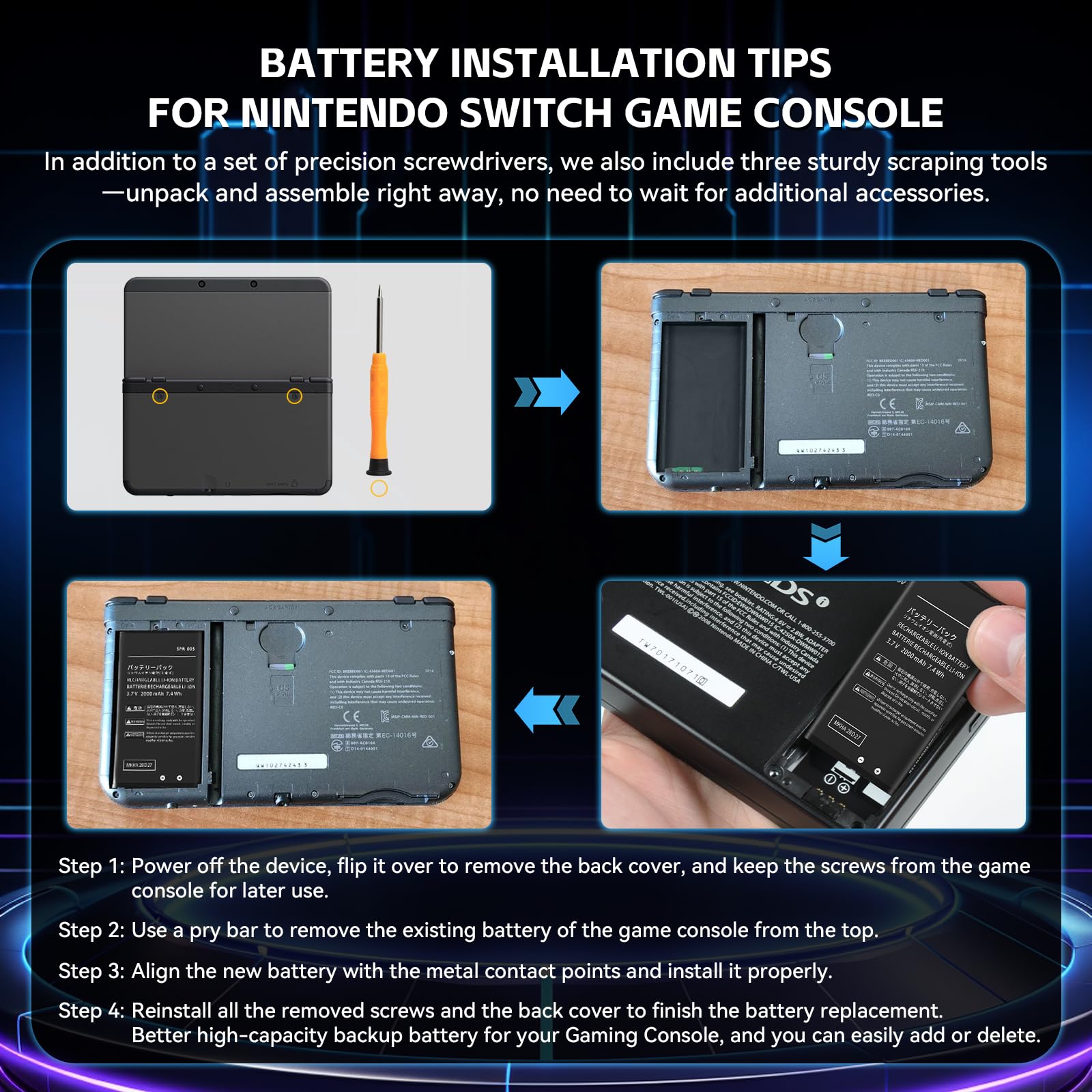 SPR-003 Batería para Nin-tendo 3DS XL/New 3DS XL/ 3DS LL/New 3DS LL | 2026 Upgraded Batería de repuesto Switch Game Console with Repair Tool Kit 2000mAh 3,7V