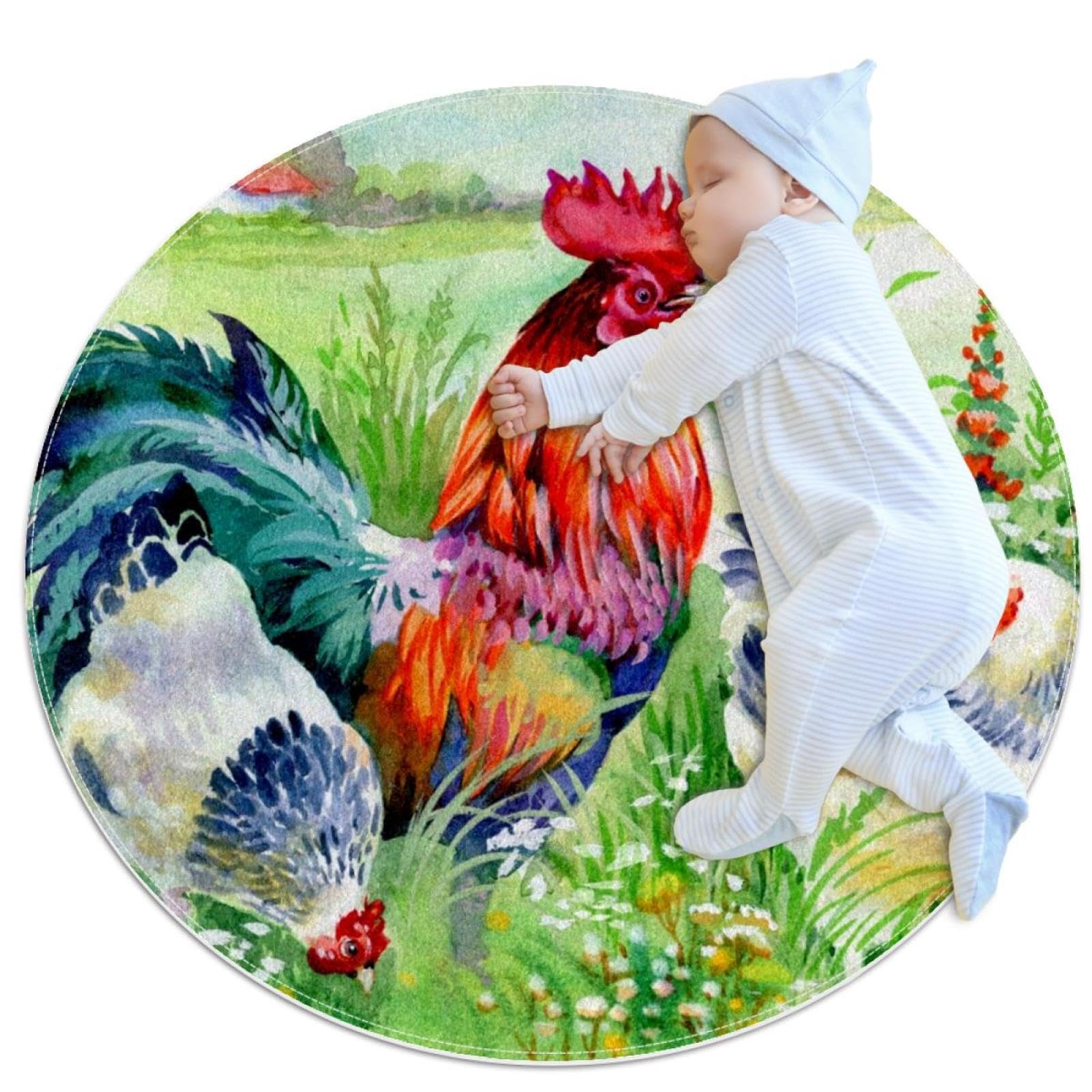 Tapis poulet et coq antidérapant rond 1m pour chambre et salle de bain