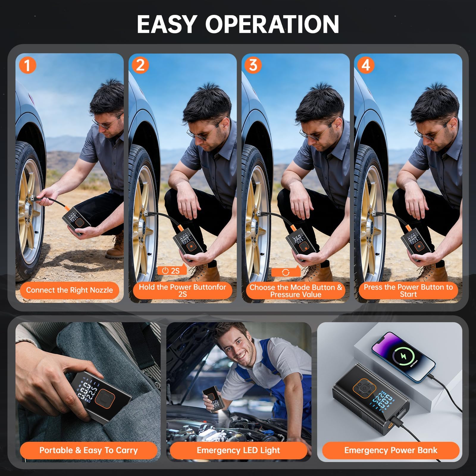 Gonfiatore per Pneumatici Portatile per Auto,Compressore d'Aria Portatile, Pompa per Aria Elettrica con Manometro Digitale, Gonfiatore Ricaricabile, Pompa per Pneumatici Auto Portatile