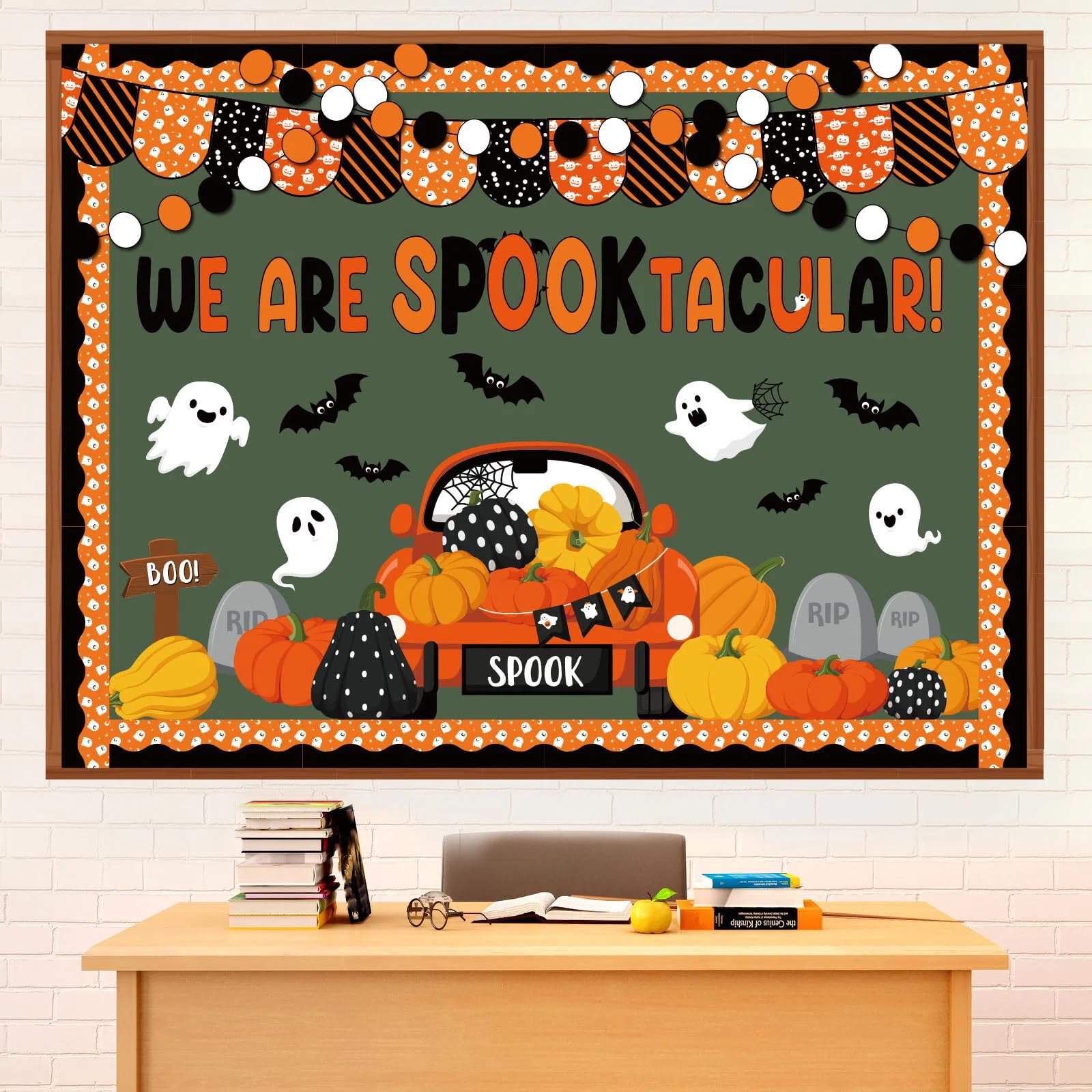 Pasimy Halloween Bulletin Board Decorations Set Halloween Theme Classroom Decor Spider Bat Ghost Pumpkin Cutouts with Borders for Home School Party