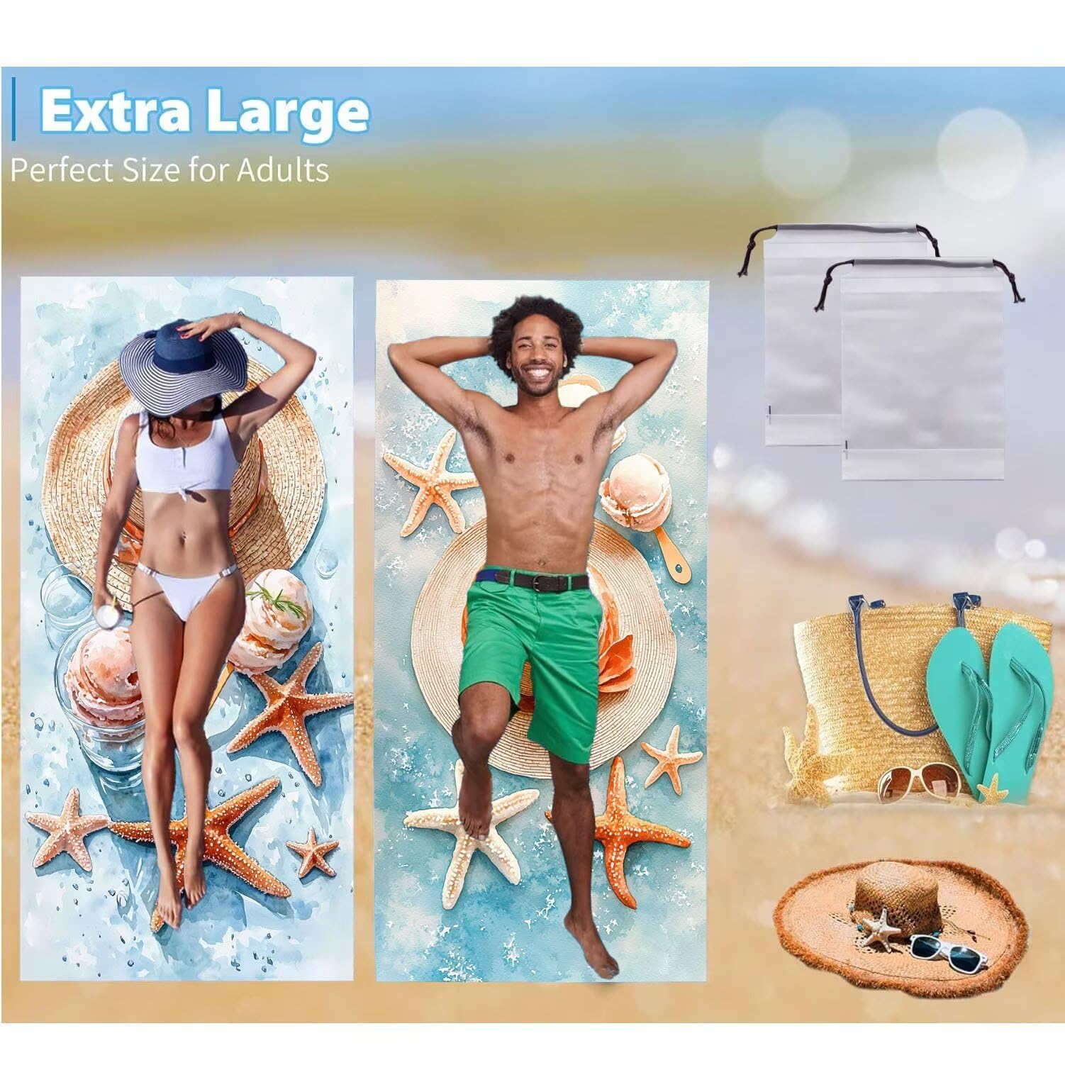 Ręcznik plażowy 90 x 200 cm, zestaw 2 dużych ręczników z mikrofibry szybkoschnący, chłonny, kompaktowy, ręcznik kąpielowy bez piasku lato koc plażowy damski na prezent (rozgwiazda kapelusz) H355