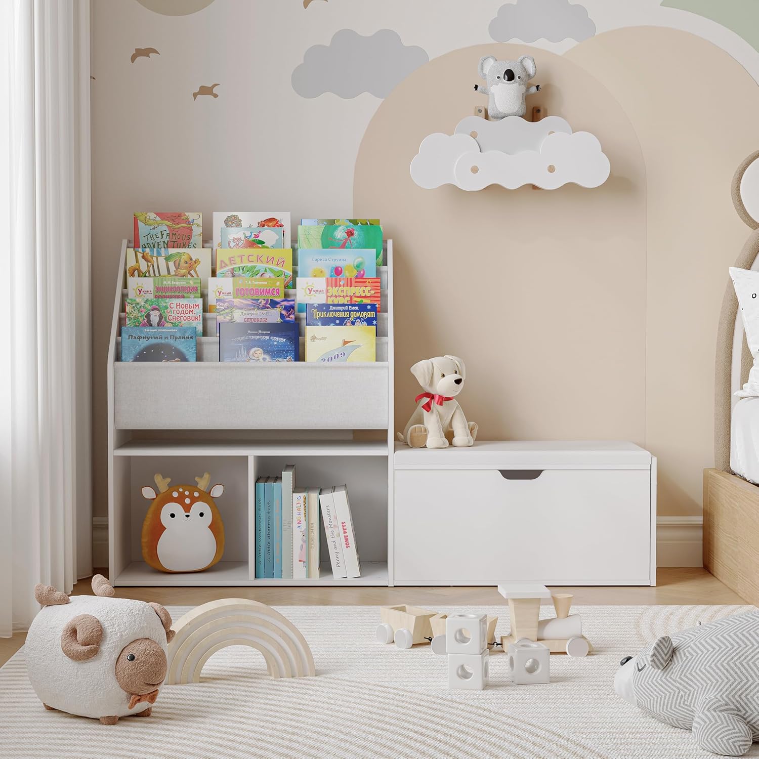 47.2’’ Kids Bookshelf with Reading Nook, Toy Storage Organizer with Seat Cushion, 5-Tier Sling Bookcase and Storage with Bench, for Playroom, Kids Room, Living Room, Nursery, White KBWT8501 - Image 8