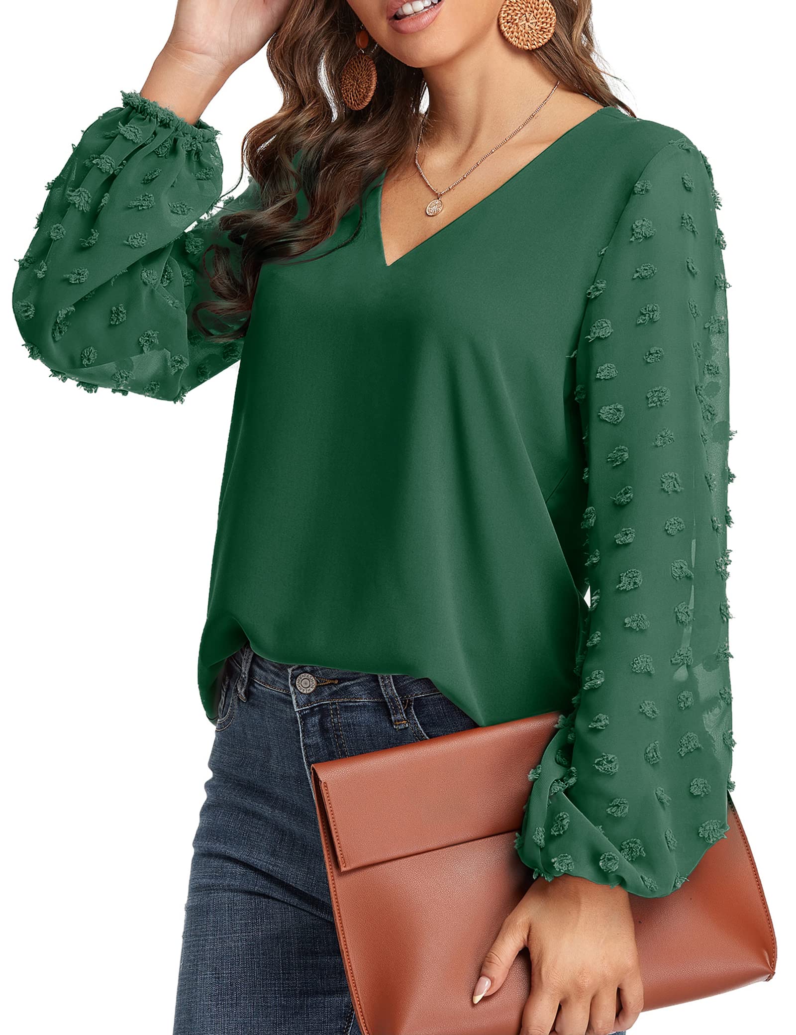 GOORY Women's V Neck Chiffon Blouses Casual Swiss Dots Lantern Sleeve Shirts Pullover Top, Green, Large