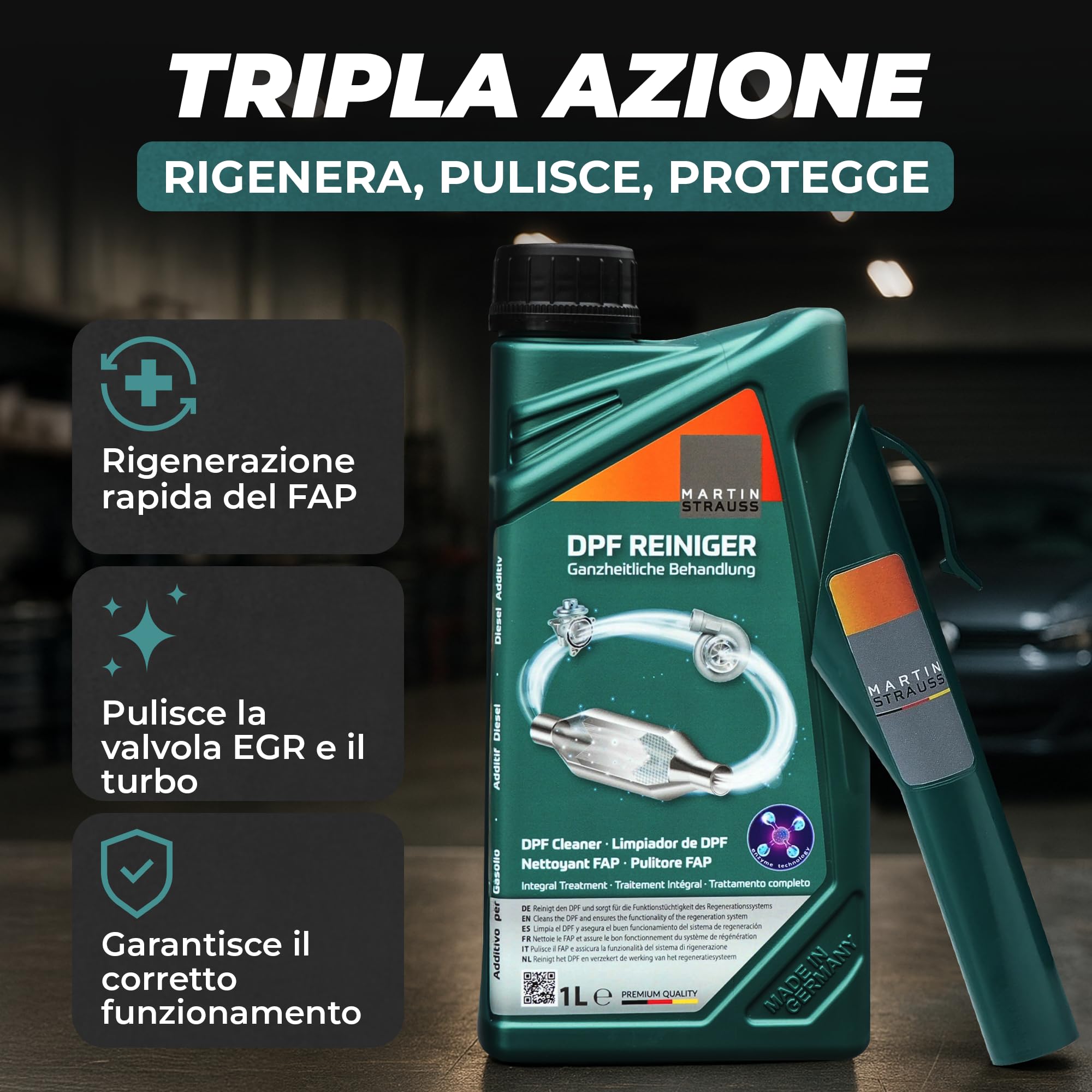 Martin Strauss Pulitore FAP - Filtro Antiparticolato Dpf, 3 Dosaggi, Trattamento Completo +EGR +Turbo, Cura Il Sistema FAP, 1 Litro, 3 Applicazioni