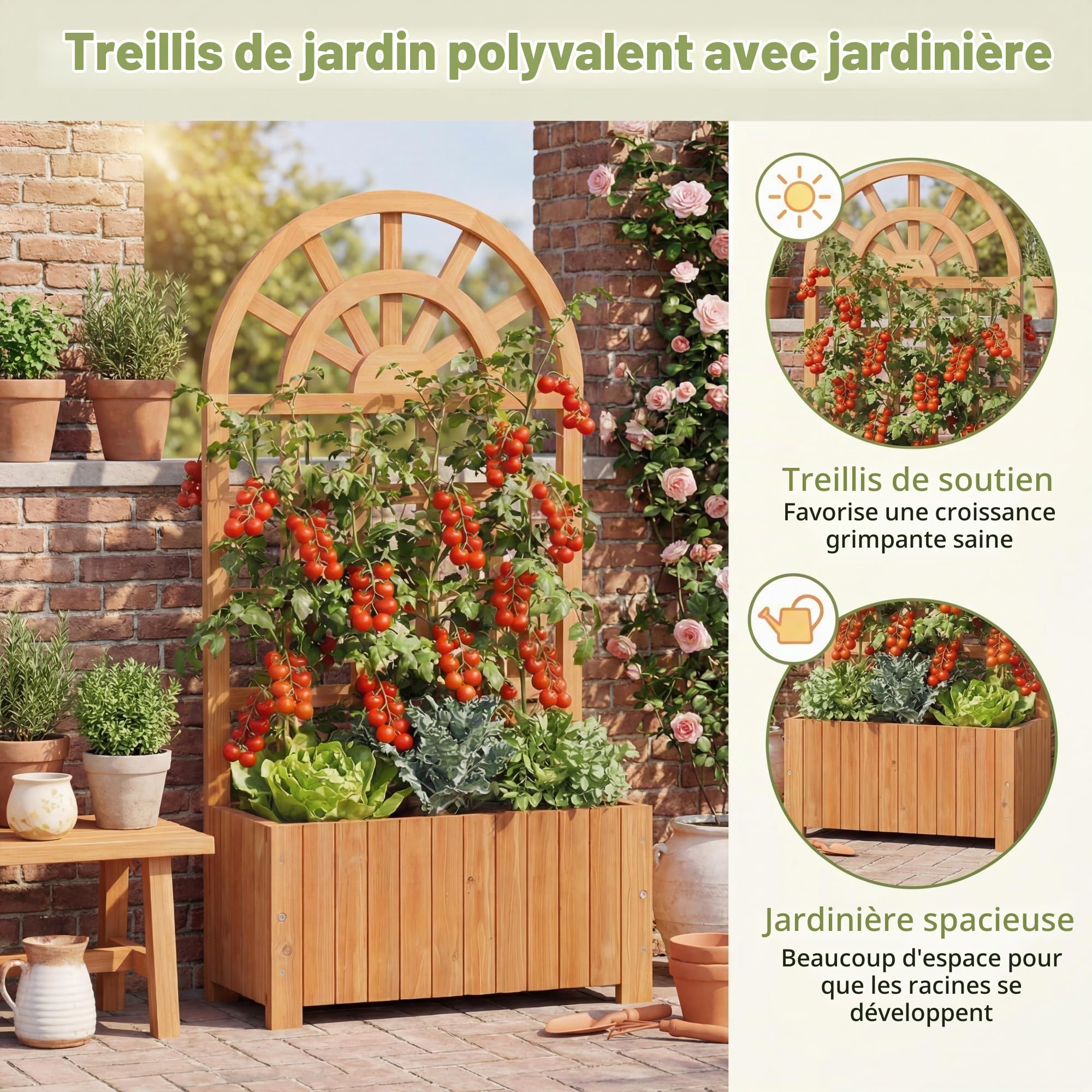 HOMASIS Jardinière avec Treillis en Bois, Carré Potager Jardinière Brise-Vue avec Trou Drainage, Lit Surélevé de Jardin, pour Plante Grimpante Vigne, Intérieur et Extérieur (Marron, 61 x 30 x 121 cm)