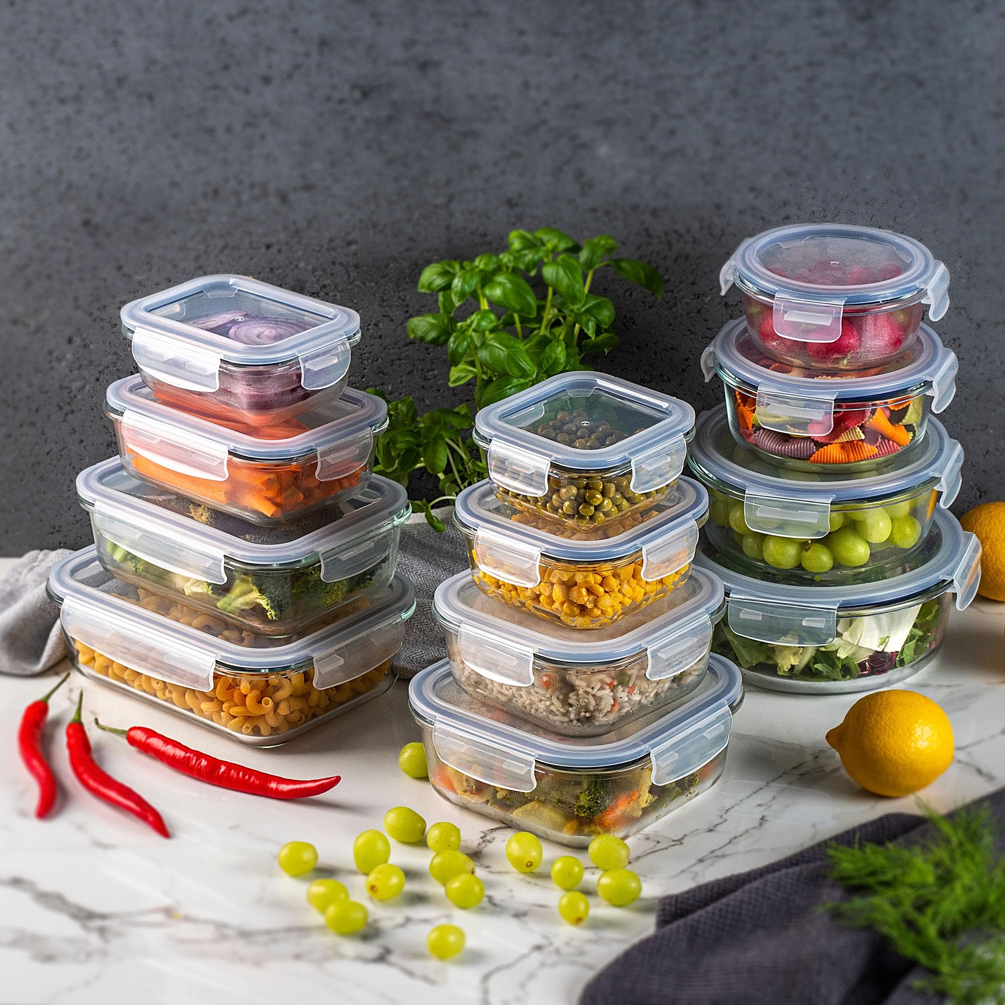 KADAX Contenitori per la Conservazione degli Alimenti in Vetro con Coperchi Ermetici e Sicuri per la Massima Freschezza del Cibo (Set di 12)