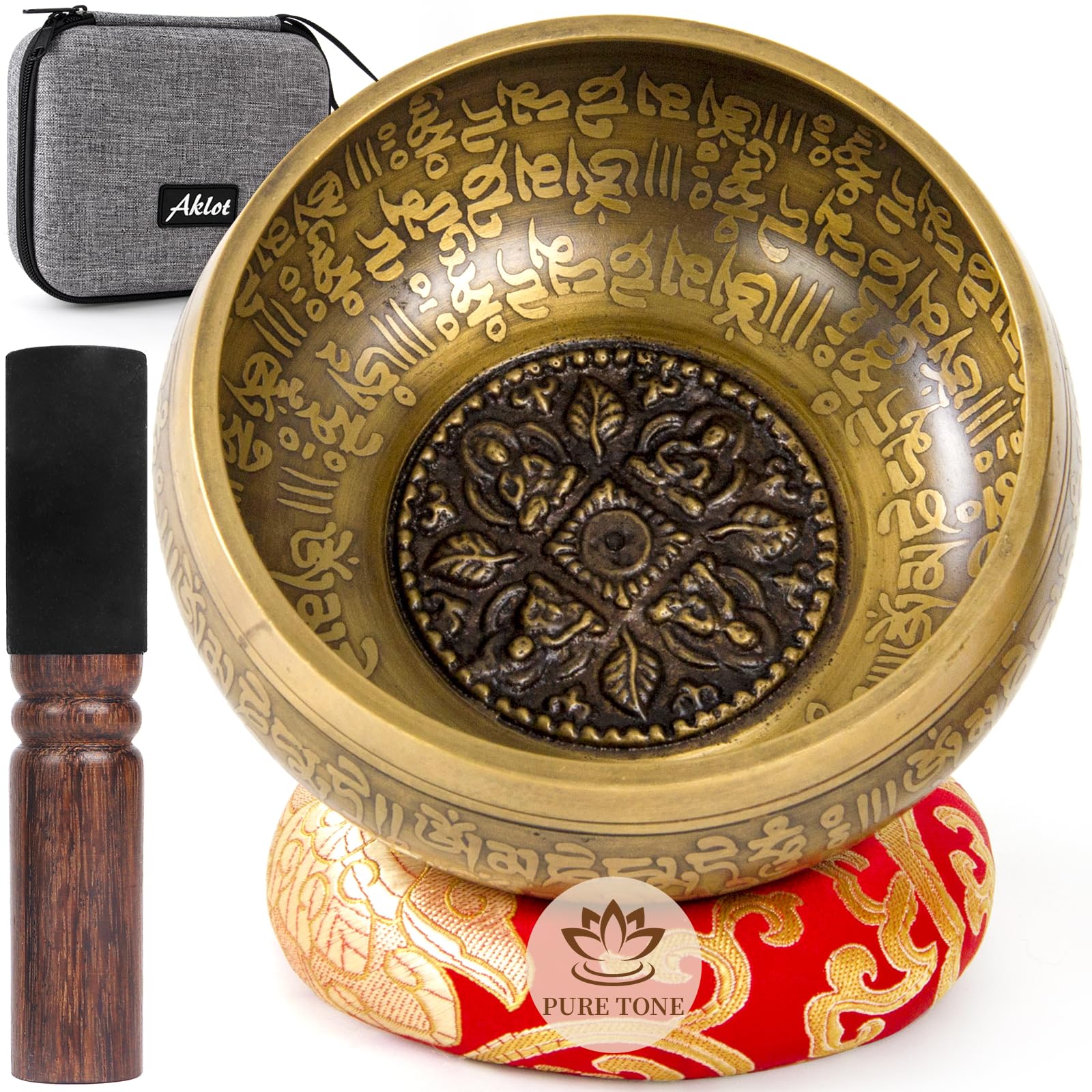 AKLOT HandMade Meditation Singing Bowl: Tibetan Sound Bowl Set with Pure Tone, Sound Bath Bowl with Cushion, Mallet, Carry Bag, Spiritual Gift for Chakra Clearing, Yoga, Prayer, Relaxation (5 Inch)