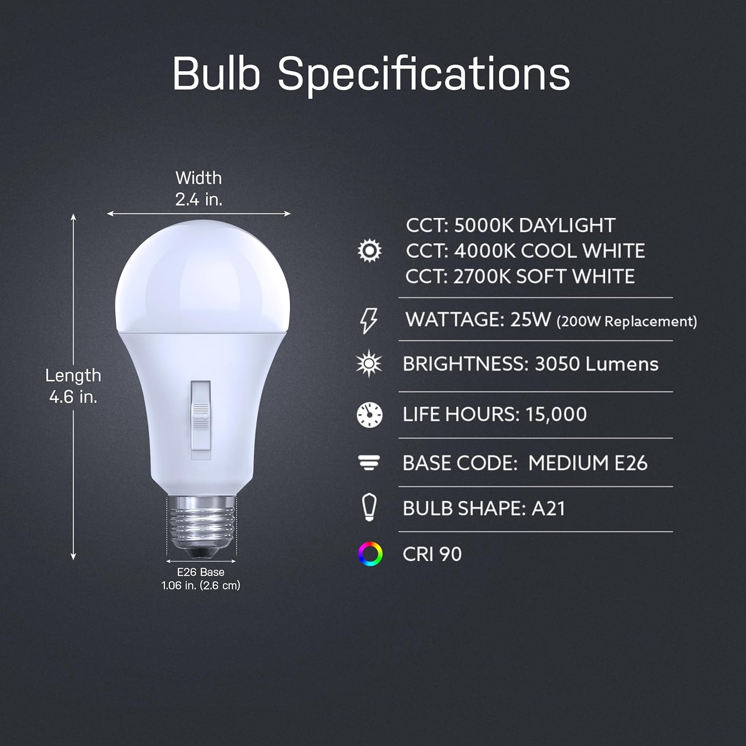 Feit Electric LED Three-Color Selectable Intellibulb - A21 with an E26 Medium Base Light Bulb - 200W Equivalent - 23 Year Life - 3050 Lumen - 2700K Soft White, 4000K Cool White and 5000K Daylight