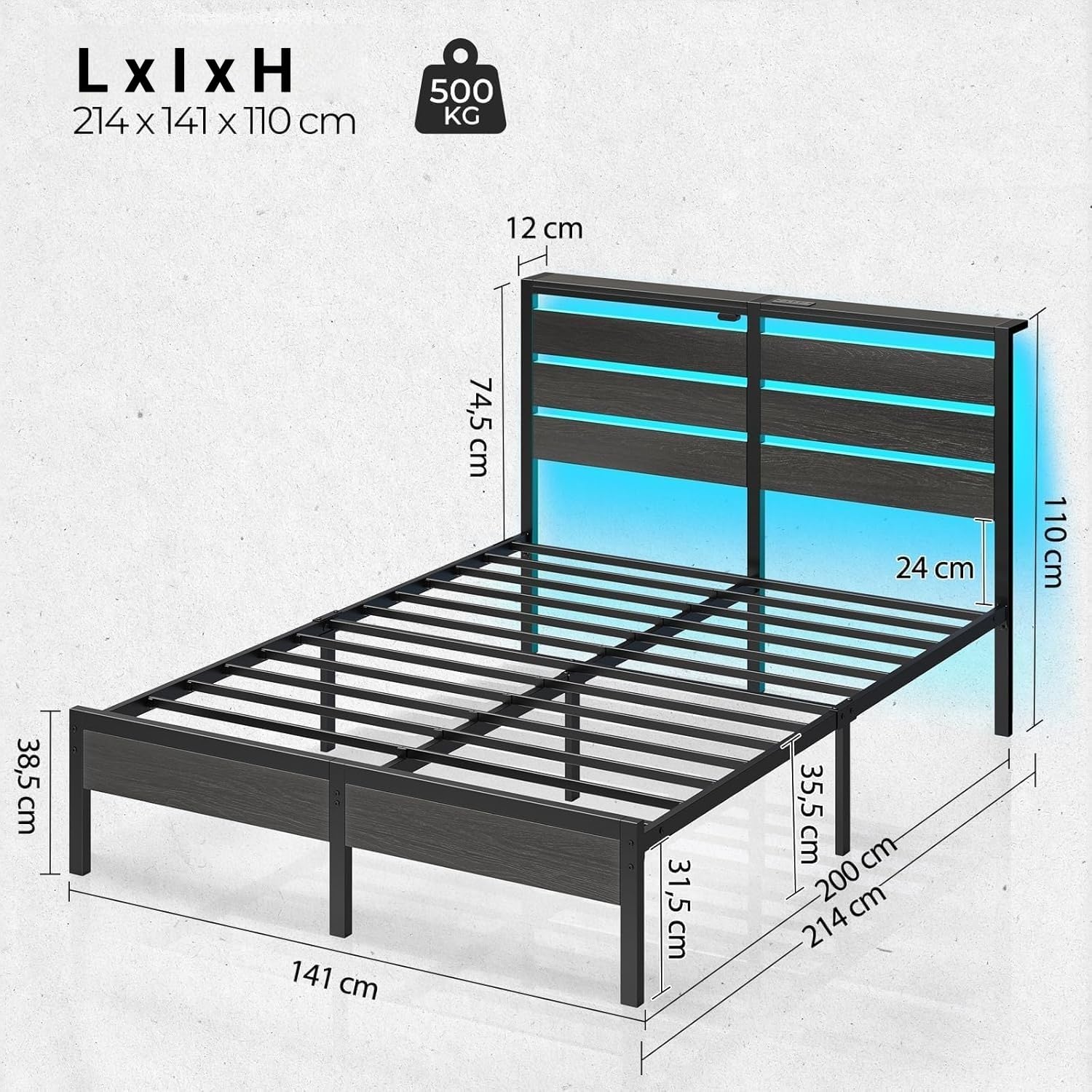 Rolanstar Lit 140x200 avec Sommier Métal, Cadre de Lit 2 Personnes avec Éclairage LED d’Ambiance, Ports USB & Type-C, Tête de Lit avec Rangement, Noir