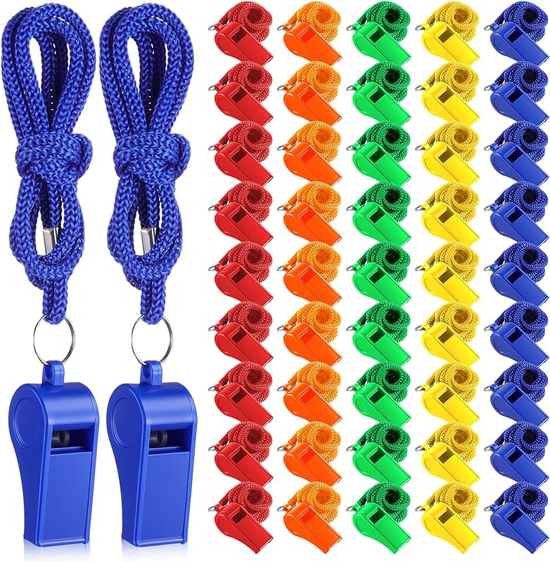 50 Pcs Mardi Gras Throws Plastic Whistles Bulk with Lanyard for Coach, Training Sports Whistles Mardi Gras Accessories Loud Crisp Sound Whistless Prize Gift for Birthday Party Games Survival Emergency