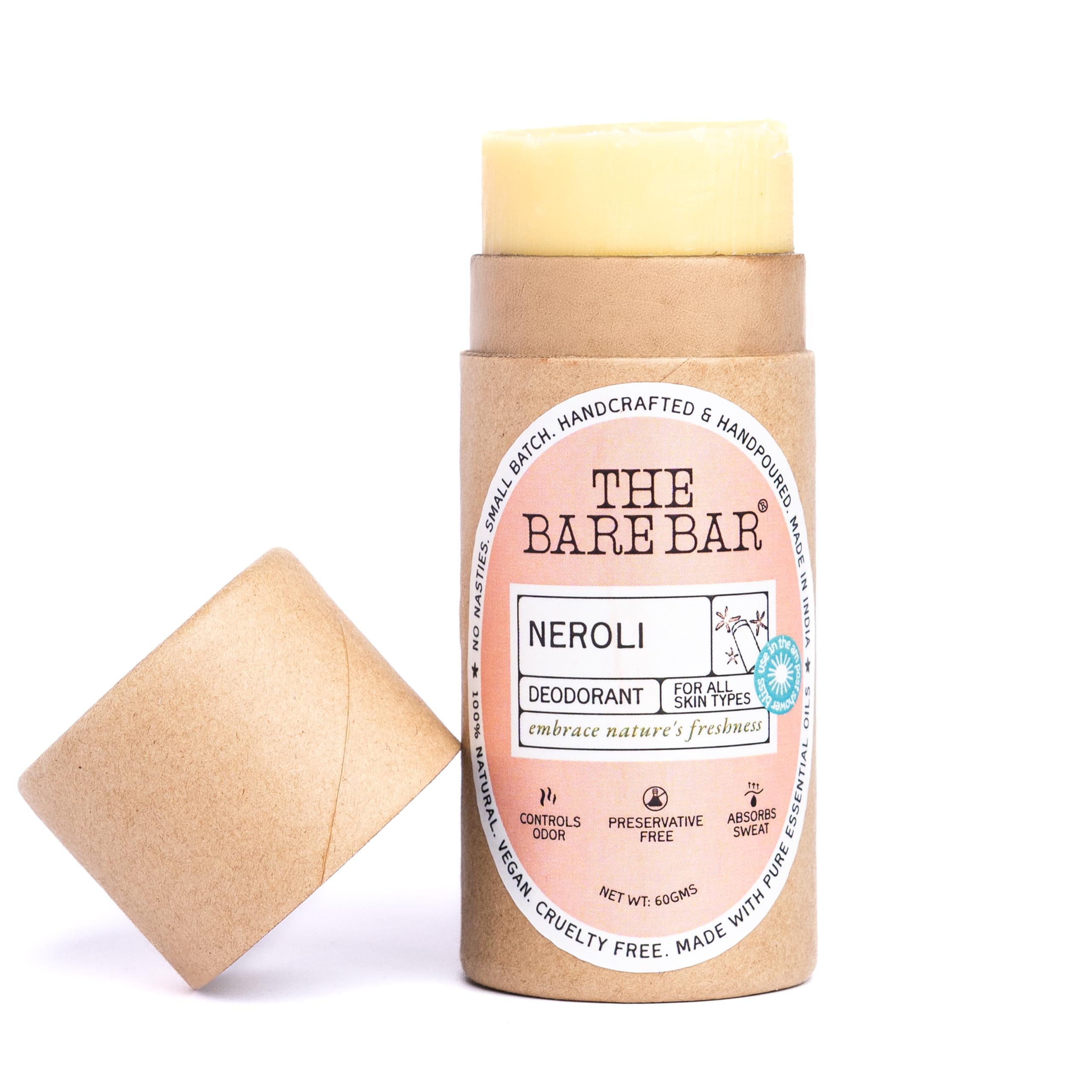 The Bare Bar Neroli Deodorant Stick - 60 gm | Citrus Fragrance| Odor & Sweat Control | Natural formula and Chemical free| Good for all skin types | Travel Mini Size Solid Deodorant for Men & Women