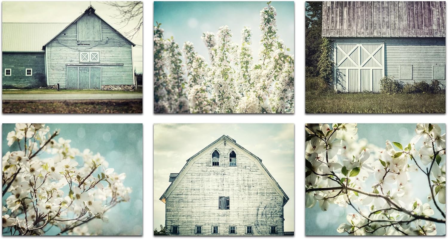 LISA RUSSO FINE ART - Shabby Chic Farmhouse Set of 6 SMALL 5x7” Prints - Not Framed - Pastel Aqua Blue Barn, Flowers, Floral Pictures - Country Cottage Wall Gallery