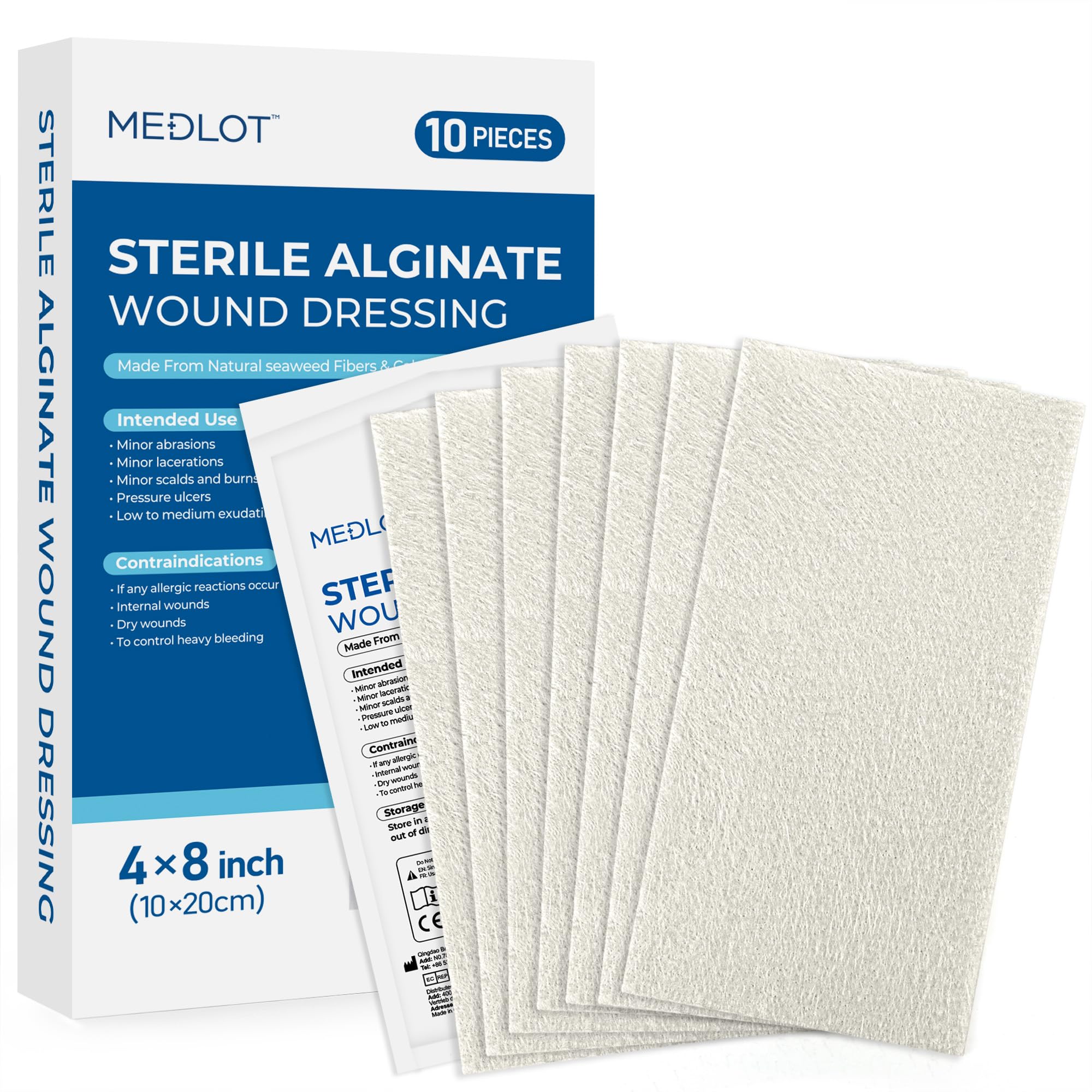 LotFancy Calcium Alginate Wound Dressing, 4”x8” Patches, 10 Count, Sterile Non-Stick Padding, Highly Absorbent Wound Dressings Pads for Emergency Care, Fast Healing