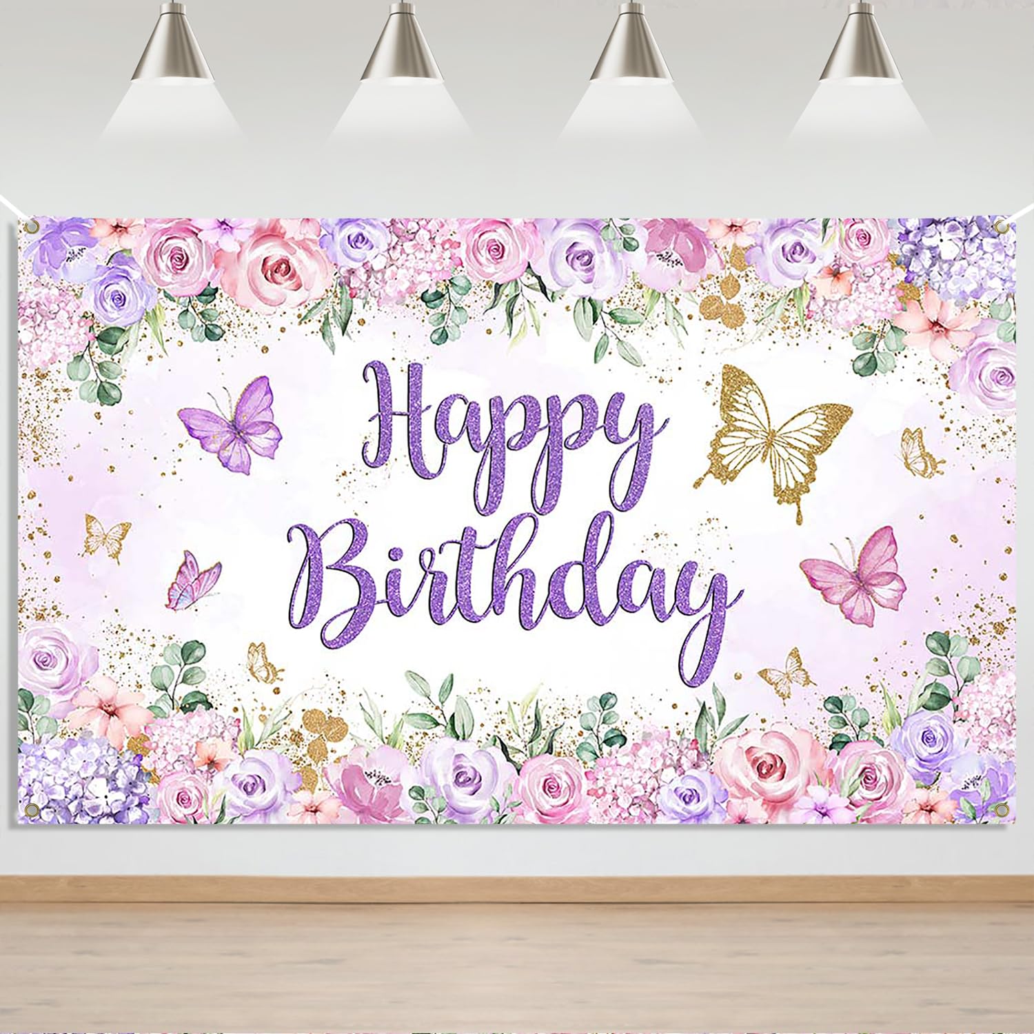 Mocsicka Pancarta de cumpleaños de mariposa, telón de fondo de mariposa morada, feliz cumpleaños, niña, fiesta de cumpleaños, decoración de cumpleaños de mariposa, 70.8 x 43.3 pulgadas