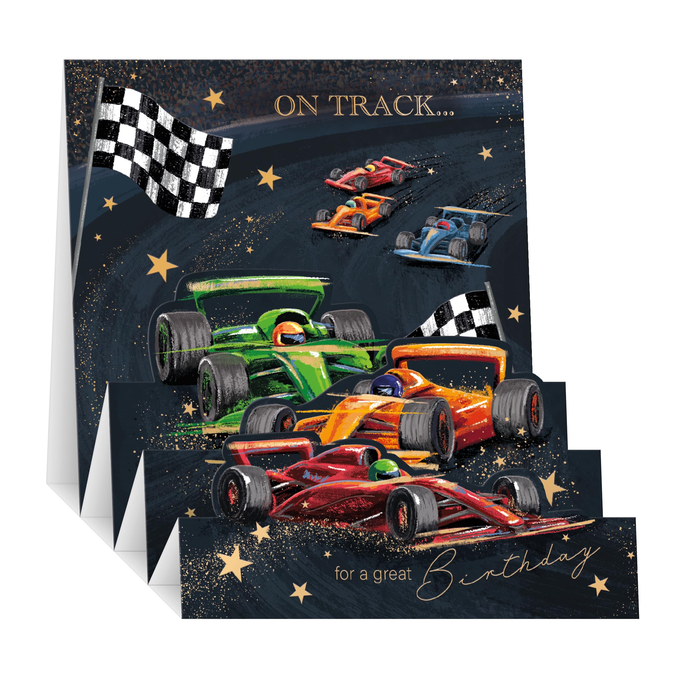 Noel Tatt 3D Pop Up Birthday Card for Men - Sporty F1 Racing Design - Embossed Gold Foil Finish - Premium Greeting Card with Envelope