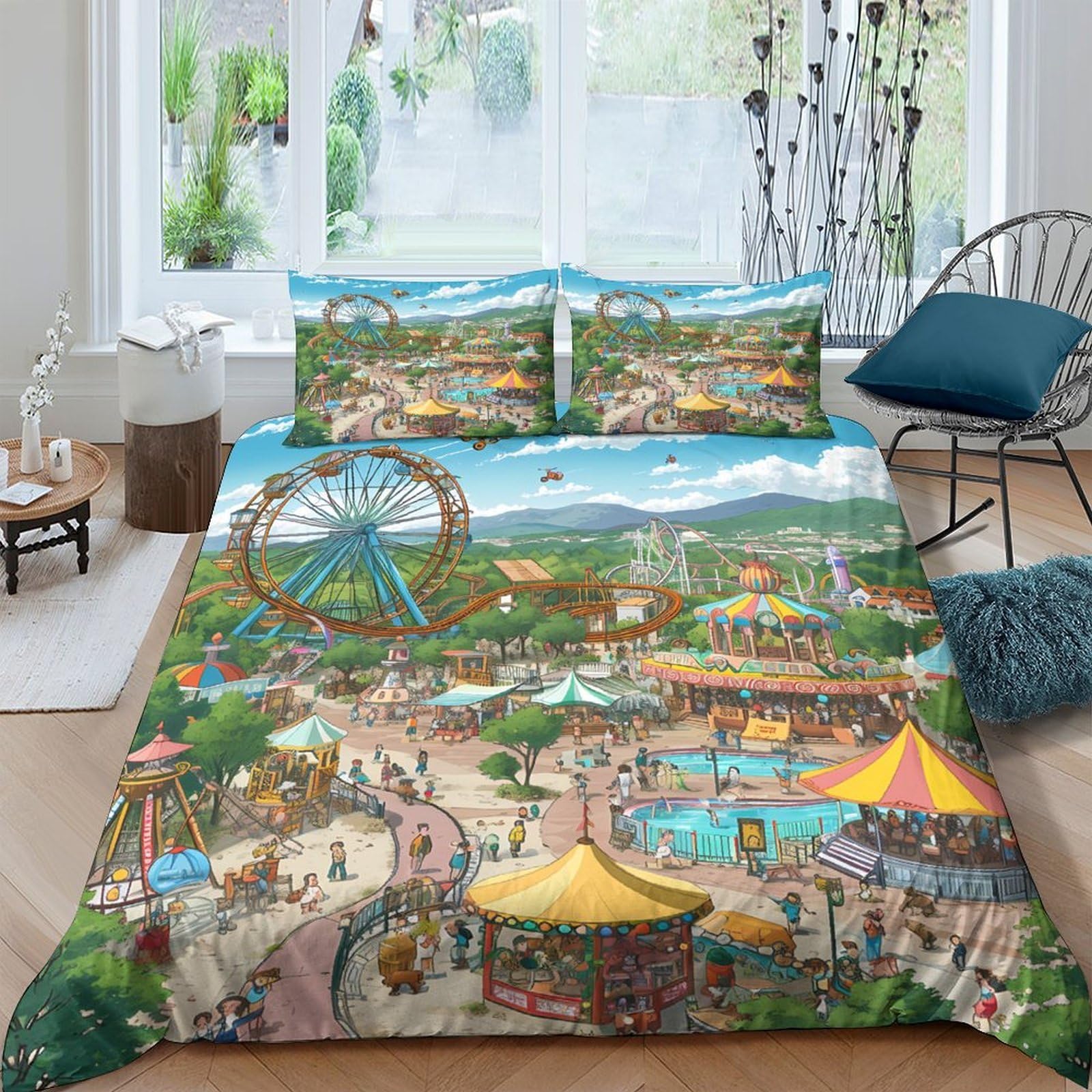 Ctjqhvkz Style-2 3D Printed Amusement Park Fitted Sheet Microfiber Colourful Fairground Bed Cover For Bedroom Dorm Decor Protection Single（135X200cm）