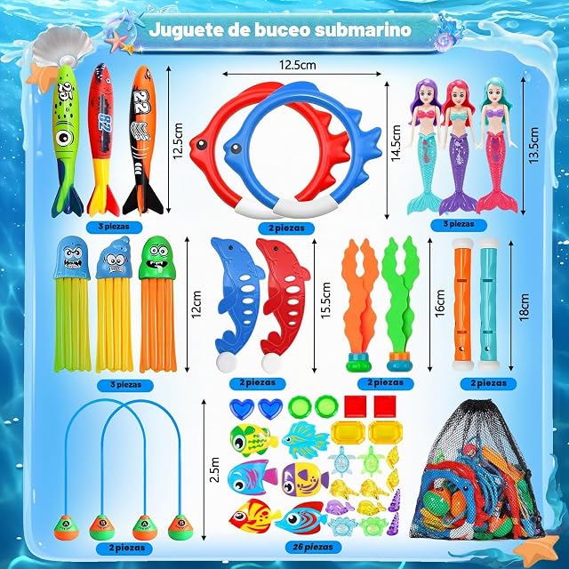 Foto 2 de 6 de KOHRIUK Juguete de Buceo para Niños 43 Piezas Juguetes Piscina Juegos de Agua para Niños Incluye Palos…