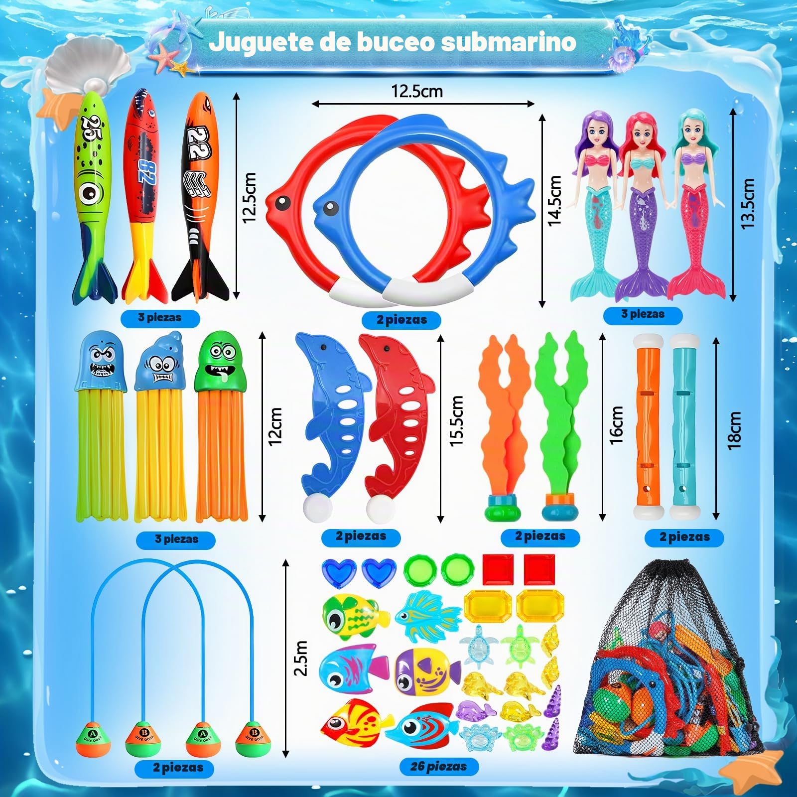 Juguete De Buceo Para Niños – Set De 43 Piezas Con Palos, Gemas, Puertas Y Algas Para Piscina Y Playa