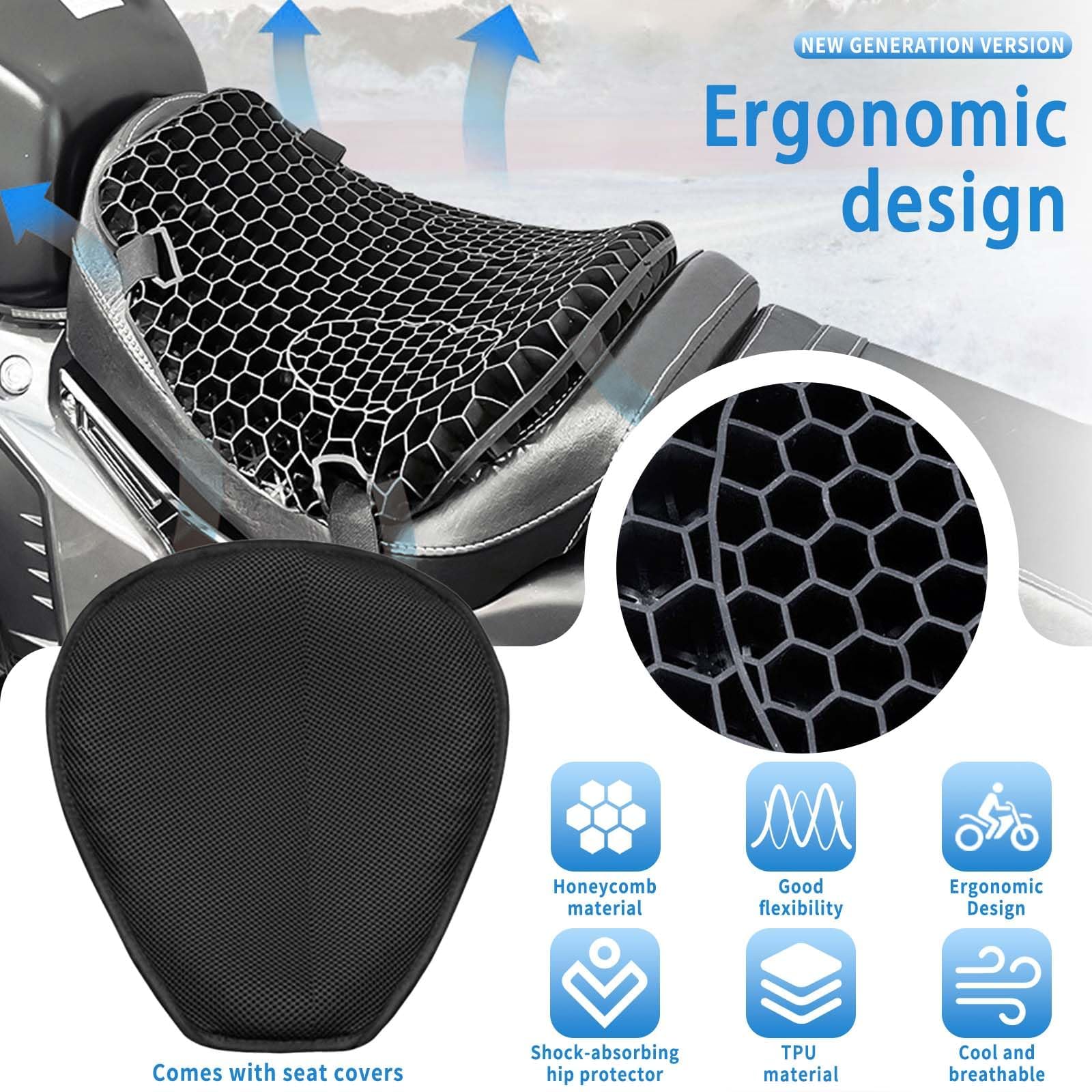 Coussin de siège de moto en gel pliable, protection de siège de moto, coussin de siège en gel pour moto, respirant et confortable pour une longue durée