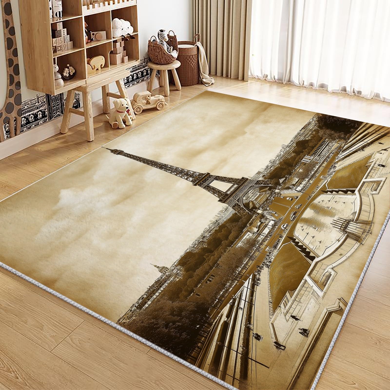 Moquette imprimé Tour Eiffel 140x200cm avec tapis de salon doux poil ras moderne