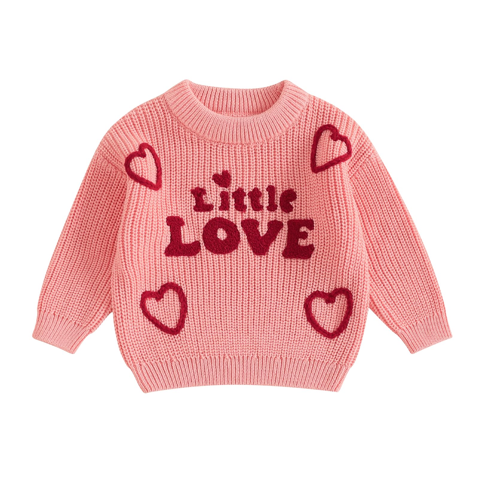 Toddler Baby Girl Valentines Day Outfit Little Love Heart Knit Sweater Long Sleeve Crewneck Pullover Fall Cute Top (Pink Little Love, 12-18 Months)