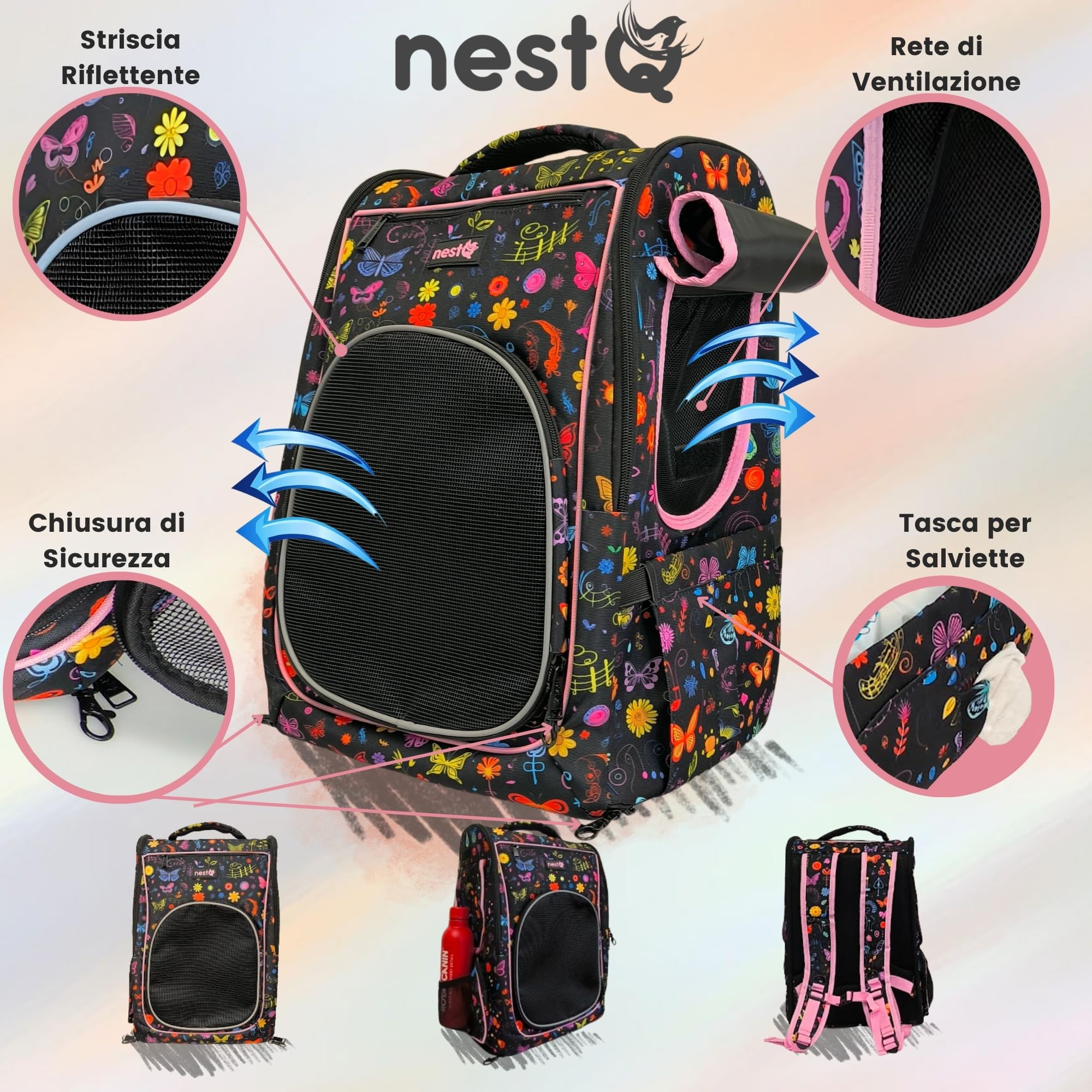 Zaino Porta Animali per Cani e Gatti,Max5kg,Trasportino Ergonomico con Ventilazione,Imbottito e Resistente,Ideale per Viaggi,Paseos Passeggiate e Avventure