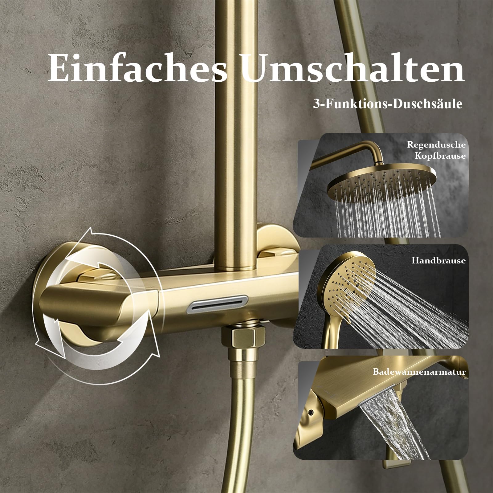 Regendusche mit Armatur Duschsystem Gold mit 3-Funktion Handbrause