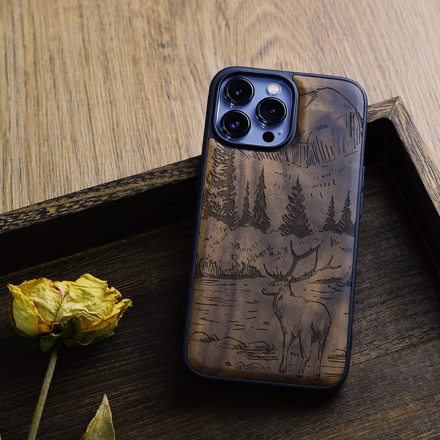 Carveit Magnetic Wood Case for iPhone 13 Pro Max [Natural Wood & Black Soft TPU] Unique Wooden Shockproof Protective Cover Compatible with magsafe (Mountains and Deer -Walnut)