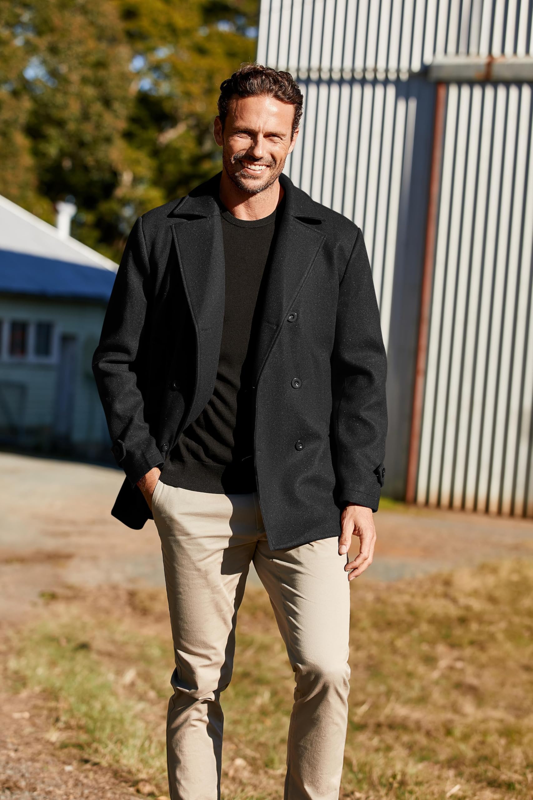 PASLTER Klassischer Business-Trenchcoat für Herren, warm, zweireihig, schwerer Trenchcoat