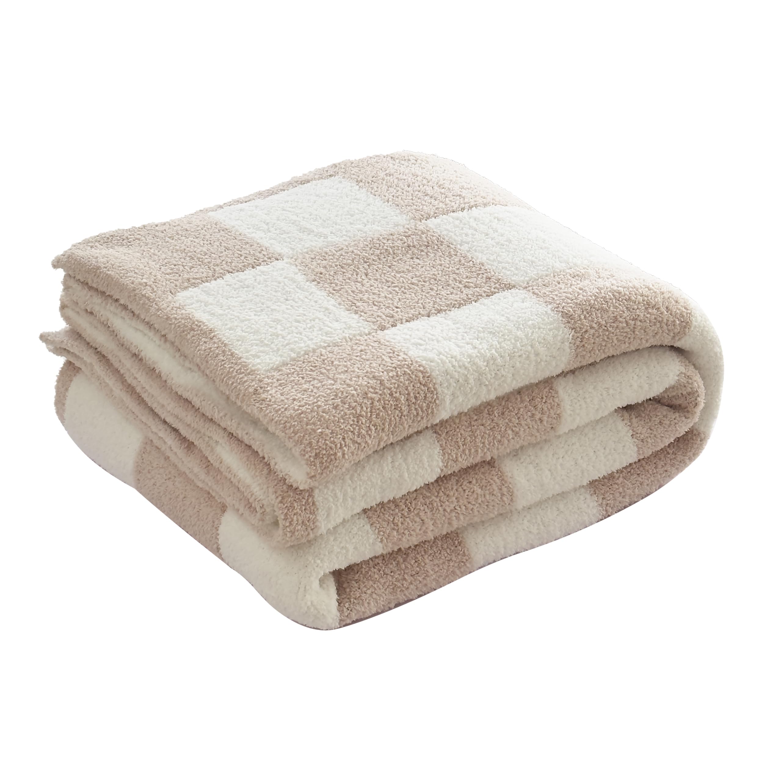 Brnabiou Ultra Soft Cozy Checkered Knitted Throw Blanket Fluffy Microfiber Checkerboard Bed Blanket Lightweight Both Sides Blanket for Couch Sofa Bed (Cream, Throw 50“x60”)