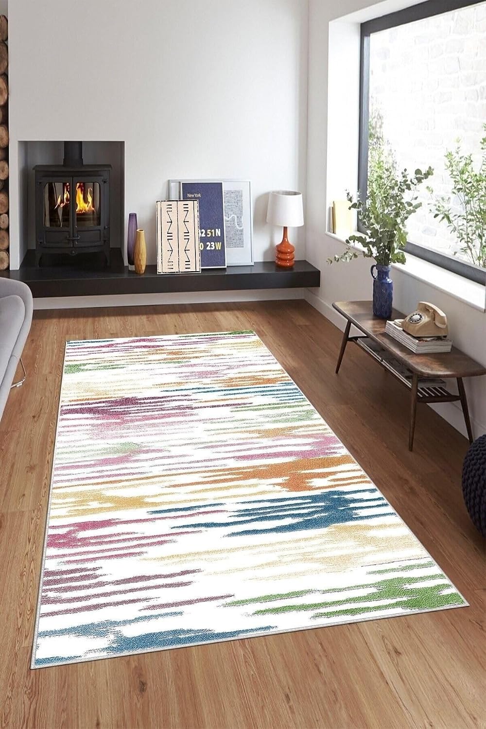Pelangi Çok Renkli Çizgi Desen Renk Geçiş Yıkanabilir Kaymaz Taban Leke Tutmaz Modern Salon Halısı Ve Yolluk, Beyaz-Renkli 100 x 300, 7457107910030005