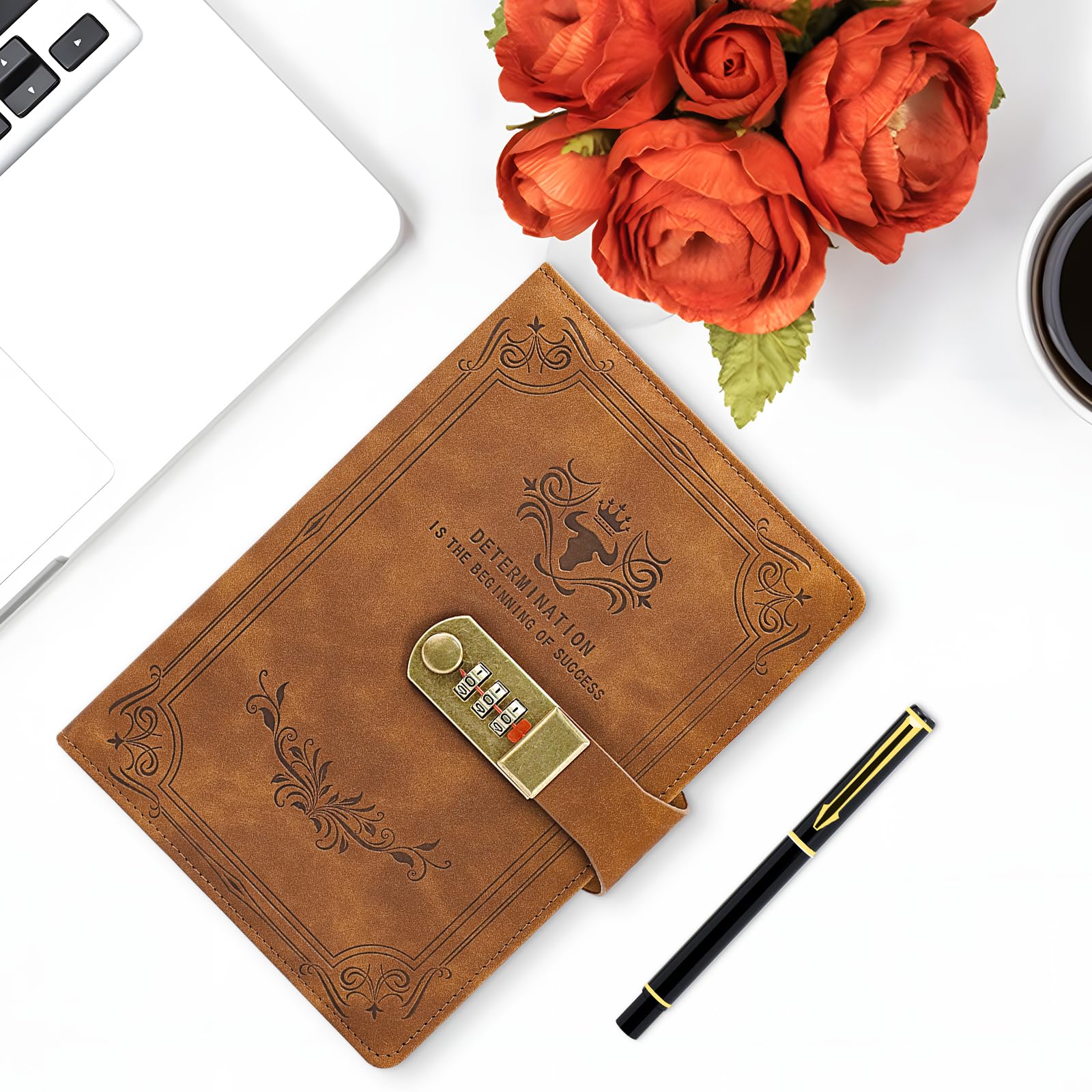 Journal Intime Avec Code Secret – A5 224 Pages, Cuir PU Vert Sauge, Soleil & Lune En Relief – Carnet Verrouillable Vintage