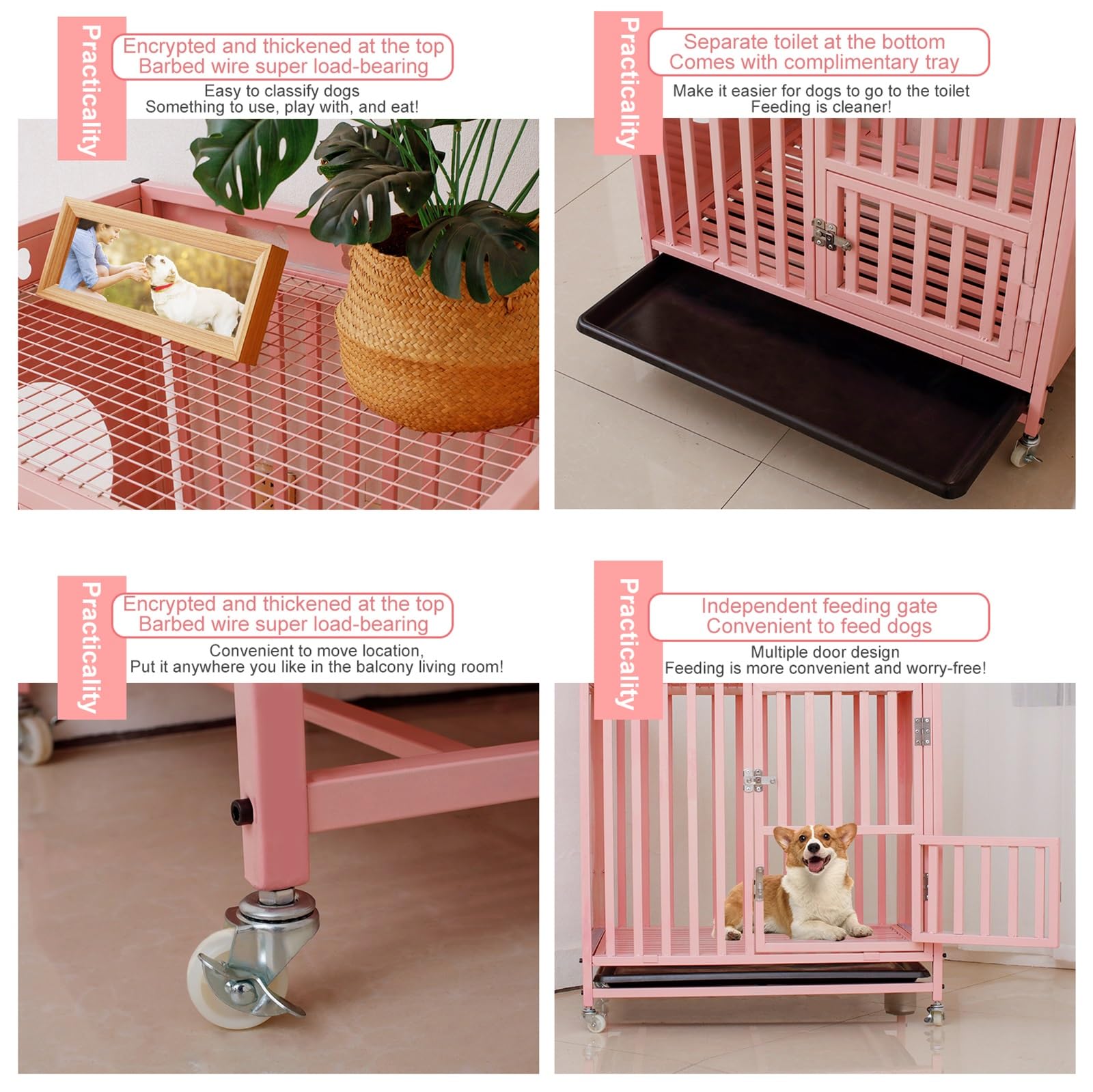 Jaula resistente para perros, 2 en 1, estilo mueble, con ruedas, diseño resistente a las mordidas para perros pequeños a grandes, muebles rústicos de interior
