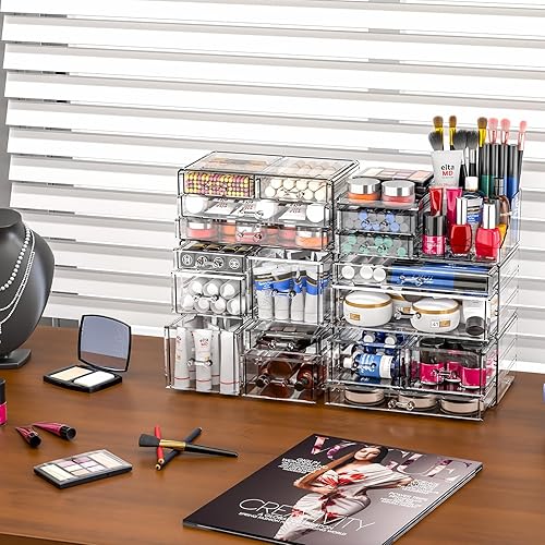 Miniatura 5 de SUOXING Organizador de maquillaje acrílico transparente para tocador, baño, tocador, 4 cajones organizadores de maquillaje para mostrador,