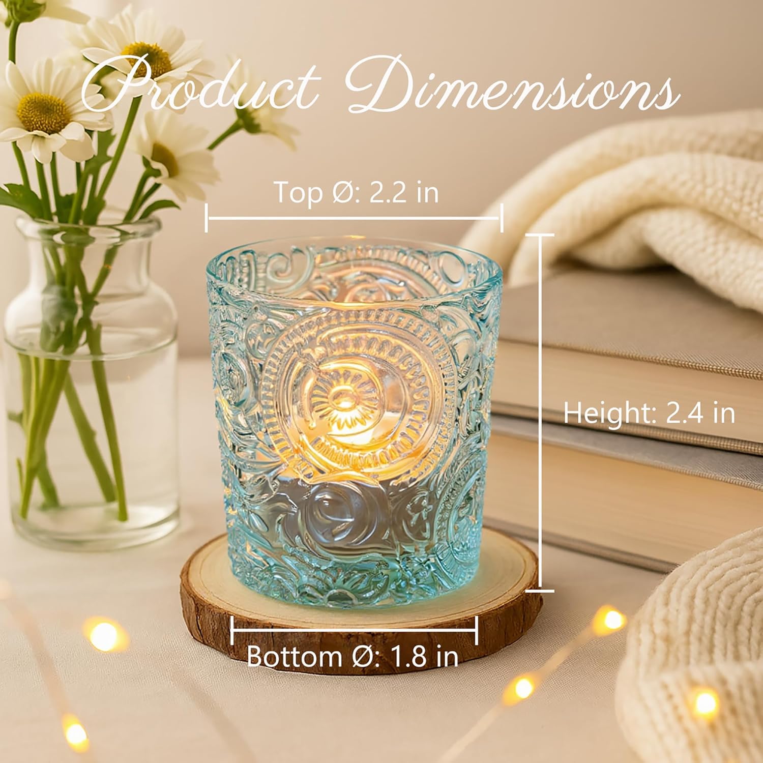 28 Pack Sun Moon Star Embossed Glass Tea Light Candle Holders - Votive Candle Holders for Wedding, Party, Home Decor, and Table Centerpieces (Clear Glass)